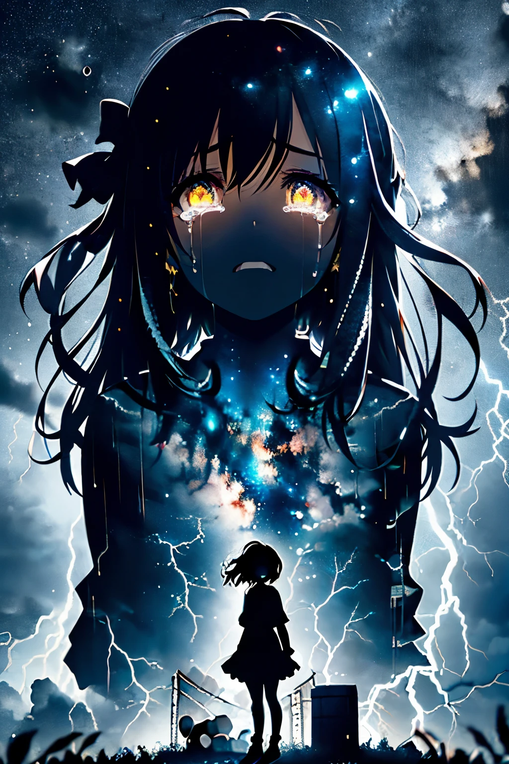 masterpiece, best quality, 1girl, solo, (silhouette:1.3), glowing eyes, tears, rain, lightning, star (sky)