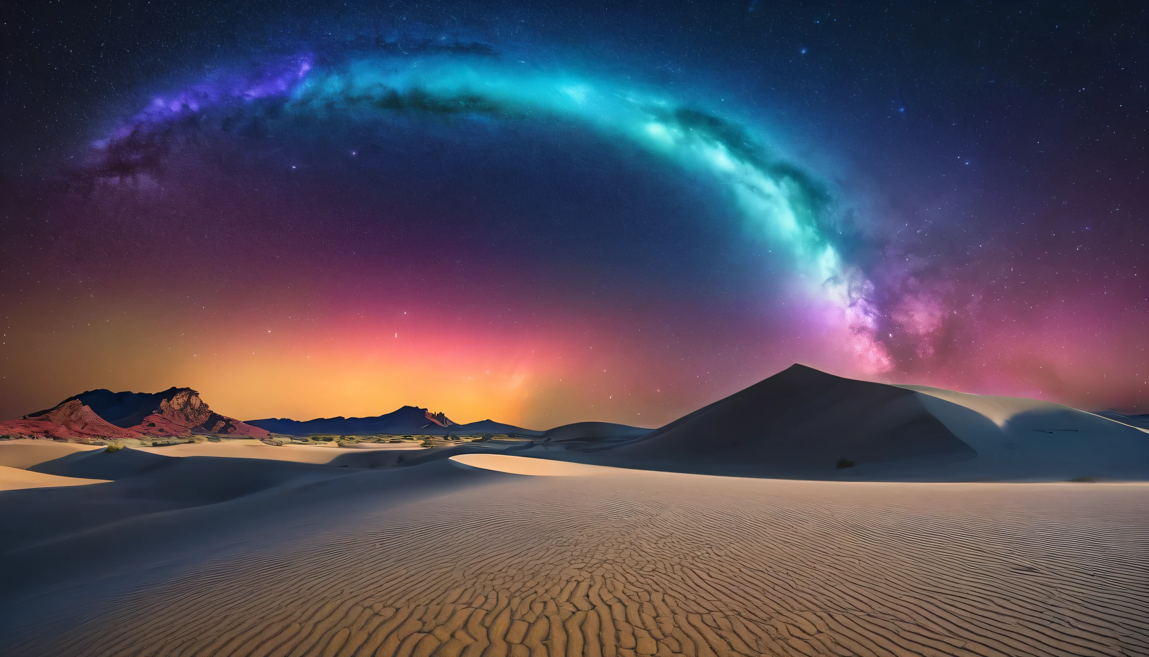 Create a surreal night landscape of a vast desert under a cosmic ballet of stars and galaxies. The ground should be illuminated by the soft glow of the moon, revealing the intricate patterns of the sand dunes. Above, the sky is ablaze with the brilliance of countless stars, nebulae, and distant galaxies, creating a canopy of celestial wonders. In the midst of this cosmic display, the aurora borealis dances gracefully, casting an ethereal light over the desert. This image should capture the solitude and majesty of the desert at night, contrasted with the vibrant activity of the universe above.