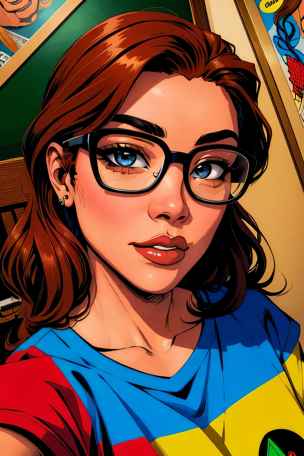 portrait, nerdy, face, bronze skinned, eyes, vibrant hair, masterpiece, best quality, selfie, illustrated, comics