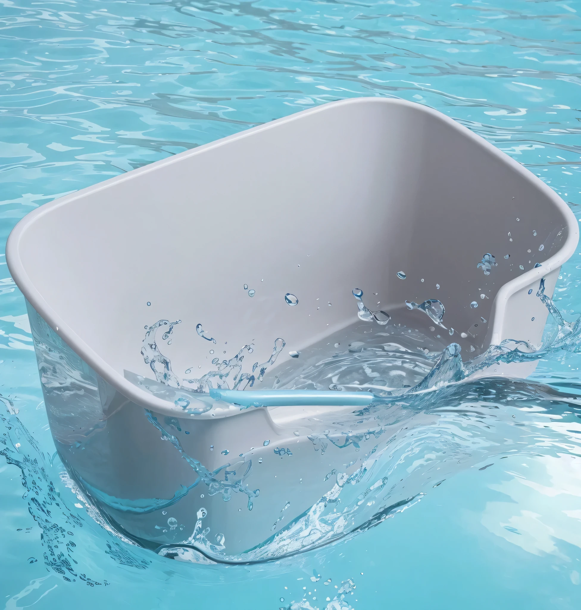 There is a gray cat litter box in the water，bottom corner, Stylish waterproof design, sink, Stylish and cool waterproof design, In the water, Interesting angle, seaplane, splashing, sink , High quality product image”, high angle close-up shot, Smooth surface rendering, Design in Blender, splash, 3D product rendering，clear and transparent water waves，The color tone is even