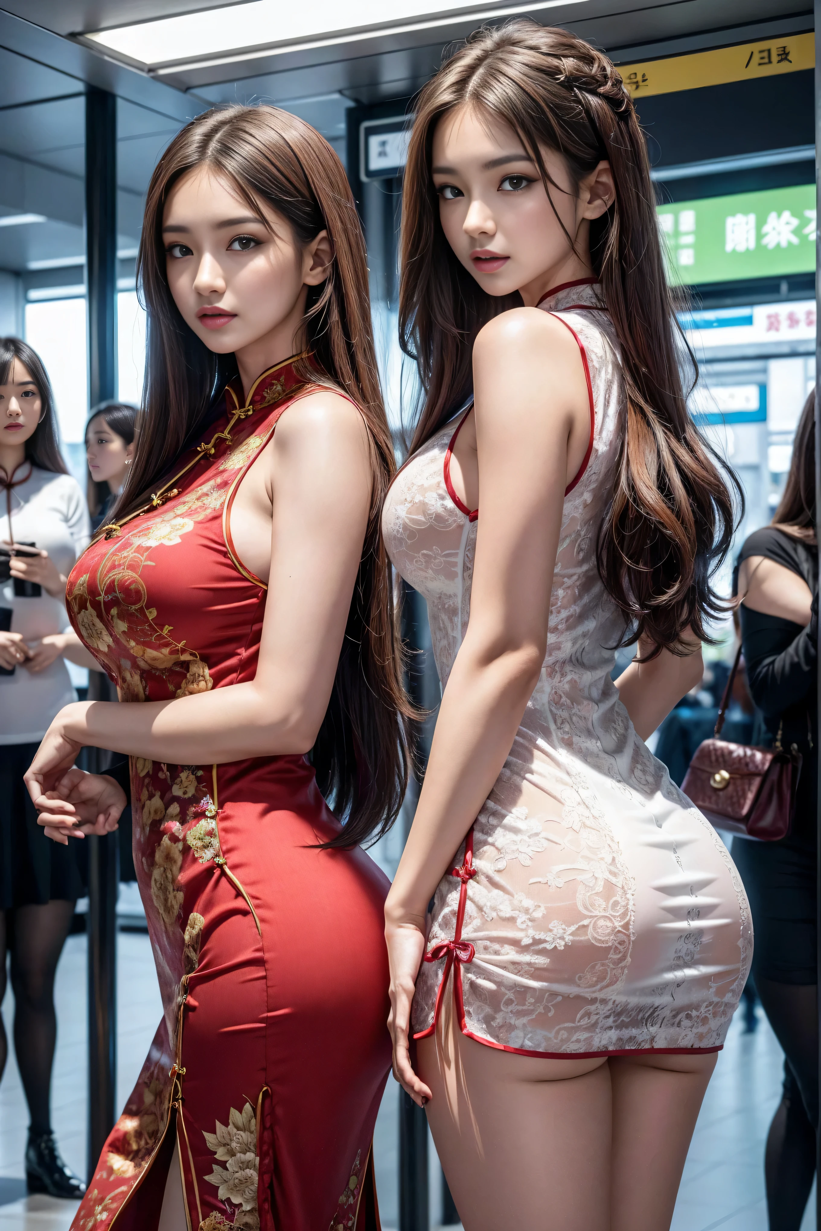 (3 girls), fair, amazing face and eyes, long brown hair，cosmetic, (Extremely detailed fair face), (The sexiest look), (fair big breasts:1.1), (best quality:1.4), (super detailed), (Extremely detailed CG unified 8K wallpaper), Very detailed, original photo, Professional photography, ((cheongsam)), (tight dress), (超短cheongsam),东京metro station、metro station，whole body