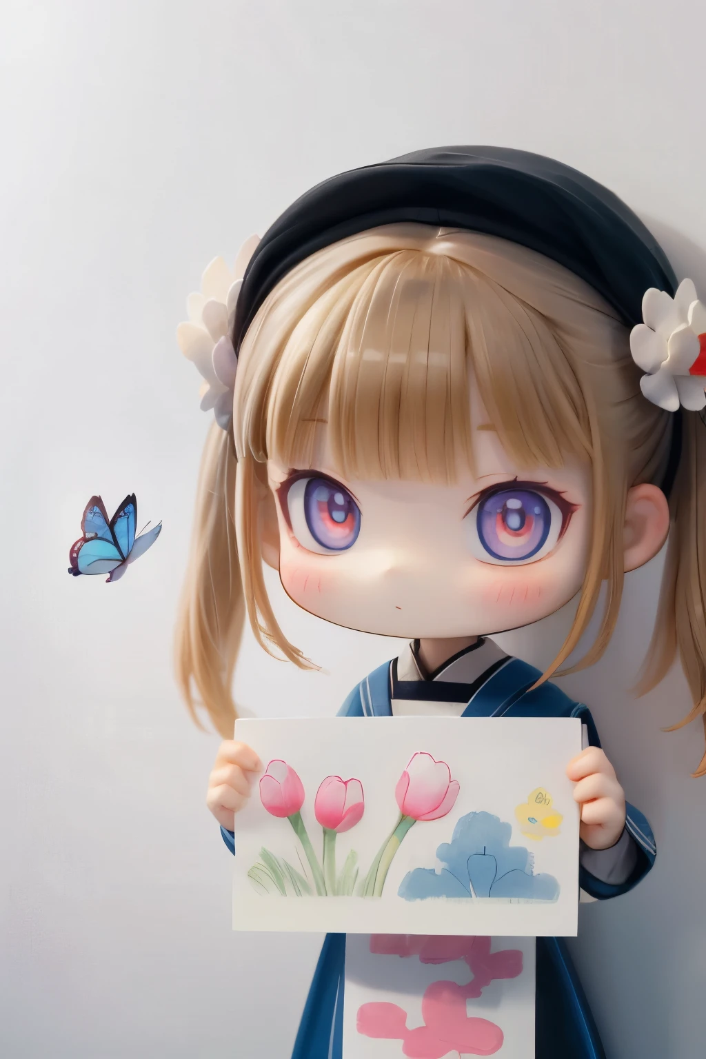 The following scenes will be expressed using chibi girl dolls.(Photoreal、A girl is drawing pictures of tulip flowers and butterflies on the wall with crayons.、The picture is a 's doodle, but it's very colorful.)