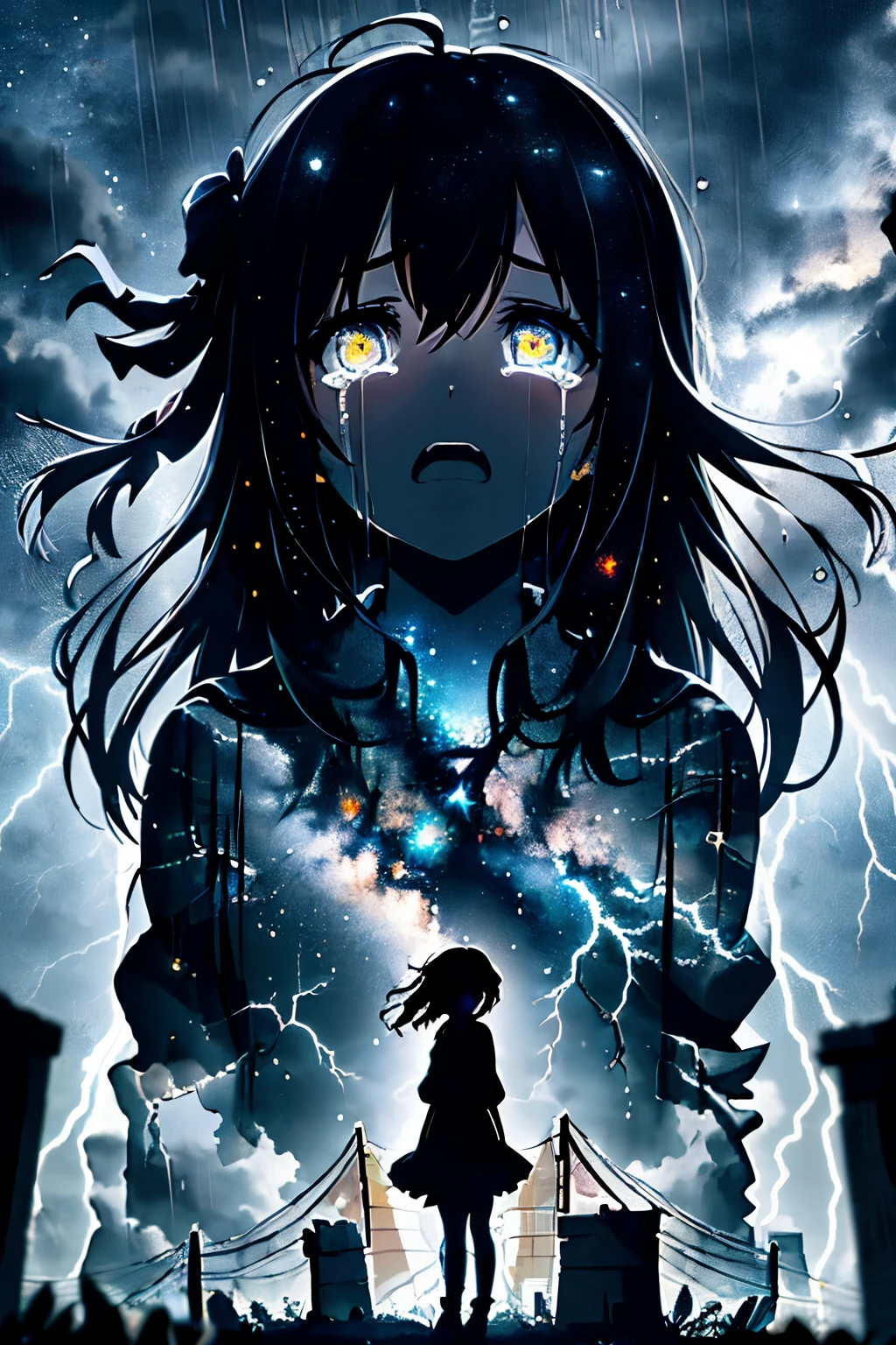 masterpiece, best quality, 1girl, solo, (silhouette:1.3), glowing eyes, tears, rain, lightning, star (sky)