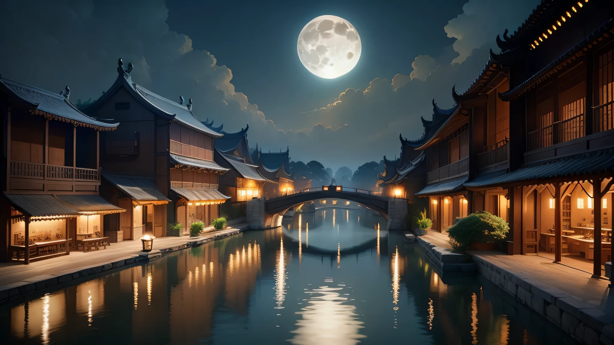 Mid-autumn night view，Big Full Moon，Very bright，river water，towns，k hd，Welcoming range，Wuzhen，Creative design work，