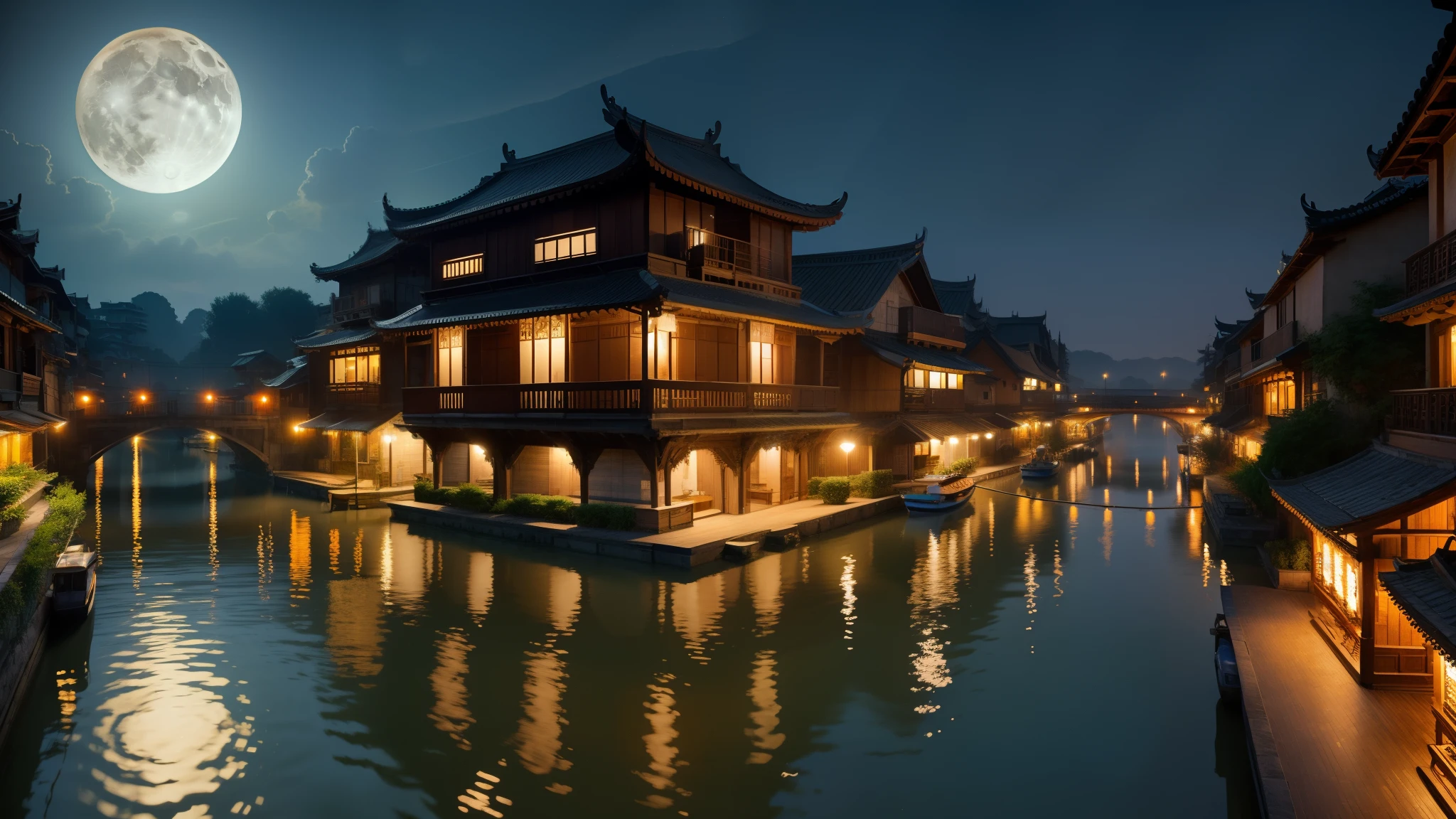 Mid-autumn night view，Big Full Moon，Very bright，river water，towns，k hd，Welcoming range，Wuzhen，Creative design work，