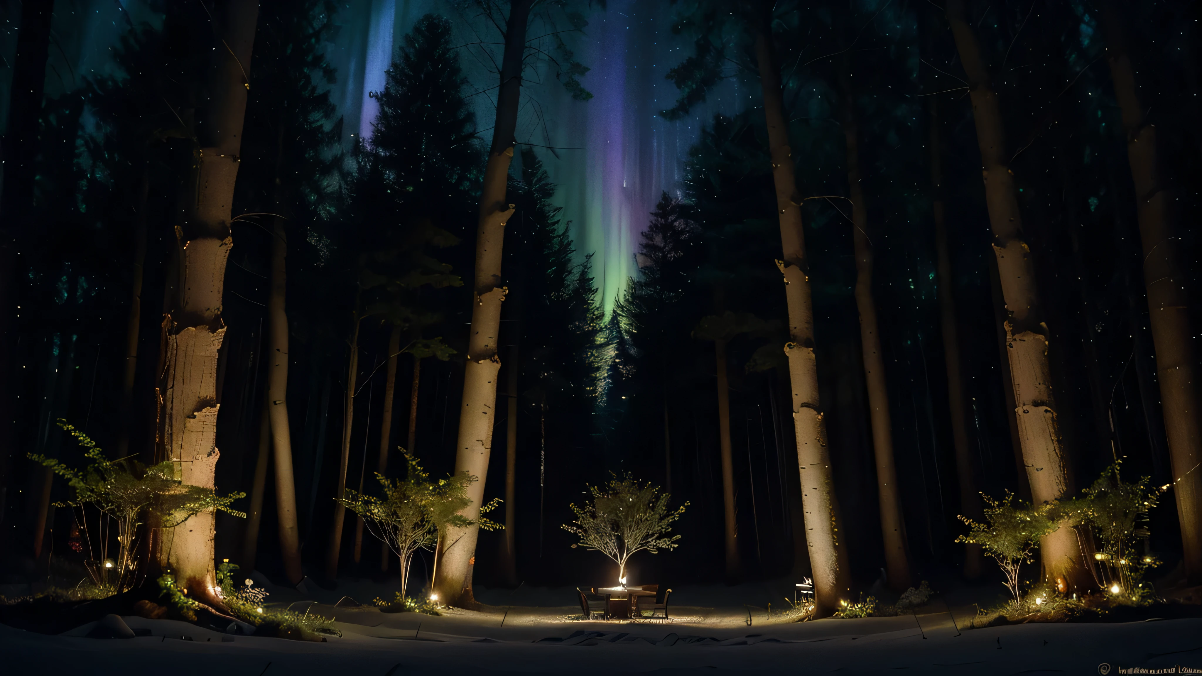 Illustrate a peaceful forest clearing, bathed in the silver light of a full moon and adorned with the twinkling of stars. The trees around the clearing stand tall and still, their leaves whispering in the night breeze. Above, the sky is a velvety canvas painted with the soft glow of the aurora borealis, its greens and blues intermingling with the golden shimmer of distant galaxies. The starlight filters through the branches, creating patterns of light and shadow on the forest floor. This scene should be a tranquil and mystical representation of nature's night-time beauty, inviting the viewer to imagine the sounds and scents of the forest at night.