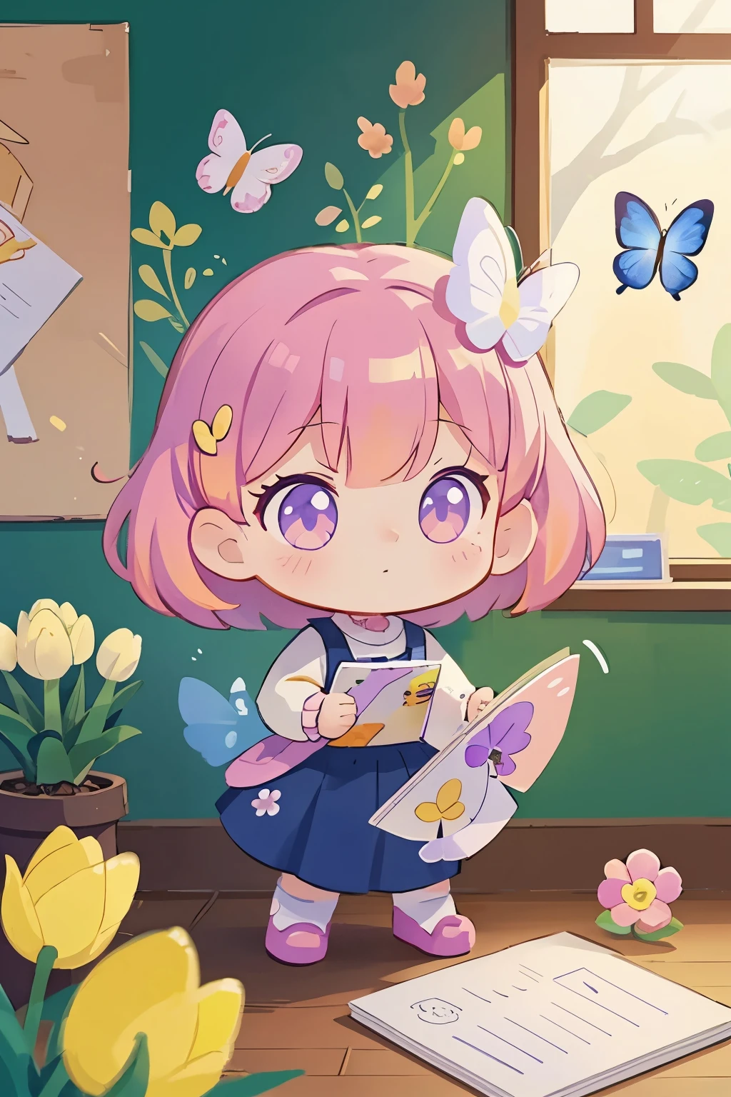 The following scenes will be expressed using chibi girl dolls.(Photoreal、A girl is drawing pictures of tulip flowers and butterflies on the wall with crayons.、The picture is a 's doodle, but it's very colorful.)