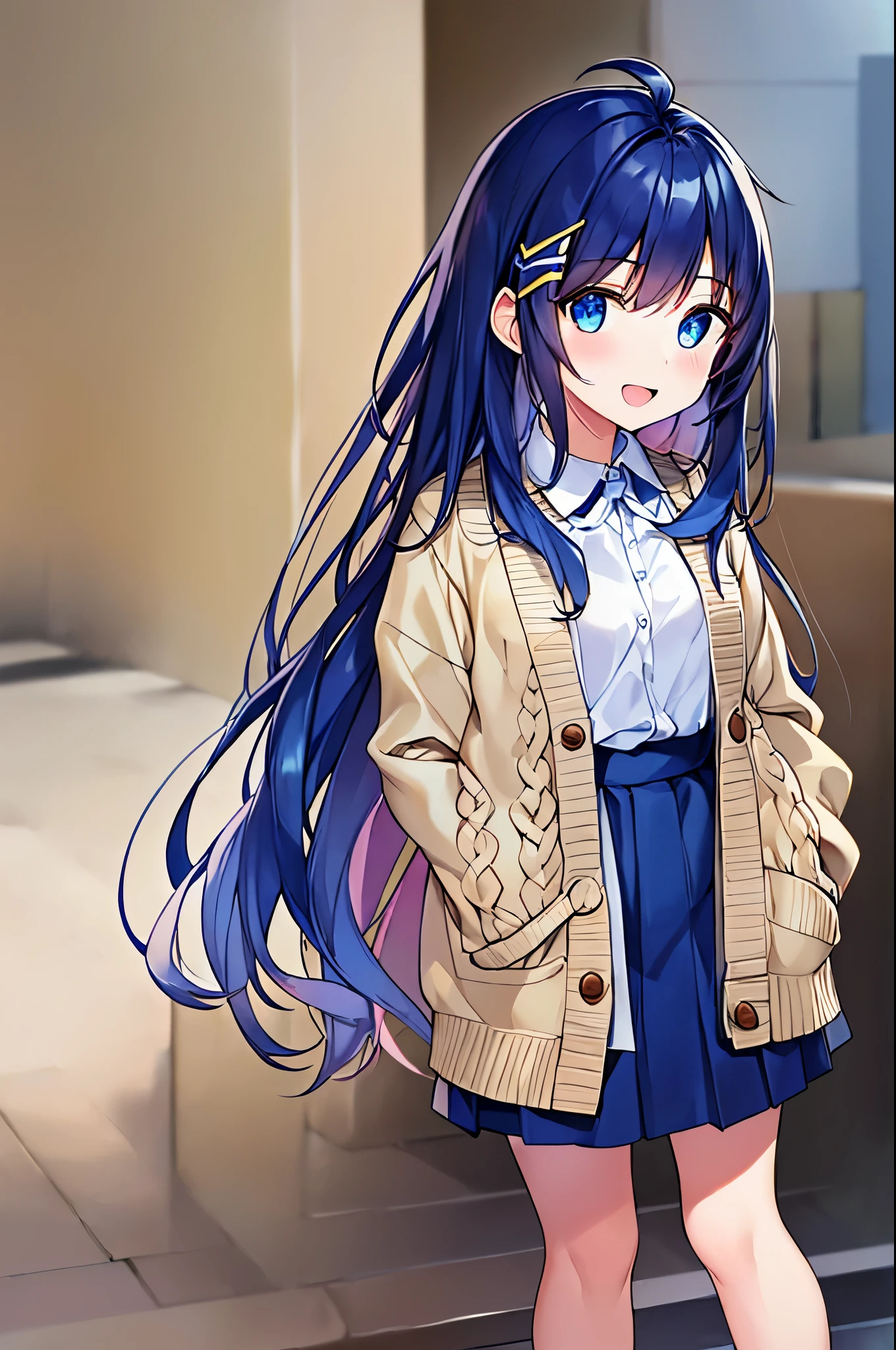 (((masterpiece))), (high quality:1.5), (beautiful:1.5), (((8K))), (High resolution:1.5), (High resolution:1.5), (1 girl:1.3), (infant:1.5), (5 years old:1.5), (primary school student:1.4), (dark blue straight long hair:1.3), (very long dark blue sideburns), (very long and thick sideburns, of dark blue color:1.4), (dark blue bangs with very large parting:1.3), (simple hair clip:1.4), (Ahoge:1.4), (small blue eyes:1.2), (slightly droopy eyes:1.3), (Super thick sideburns and super long sideburns:1.1), (very long and thick sideburns,:1.1), (extra ultra flat chest:1.4), (extremely small breasts:1.4), (laughter:1.5), (beige cardigan:1.4), (white pleated skirt:1.3), (Sidewalks in the city:1.3),