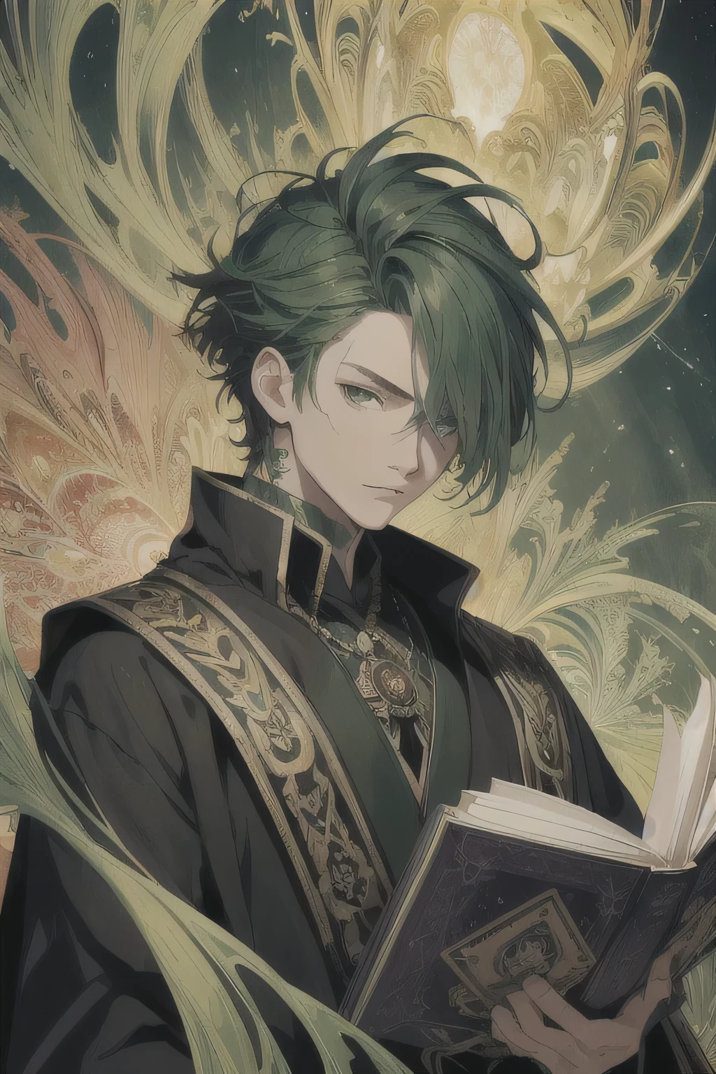 (masterpiece, top quality, best quality, official art, and aesthetic:1.2), (1boy), extreme detailed,(fractal art:1.3),colorful,highest detailed, Green hair, closed eyes with robe, Looking to sky, calmness, book flying around, (high detailed background), light color, high detailed gradient, black robe, black Cloth eye patch, green spell magic 