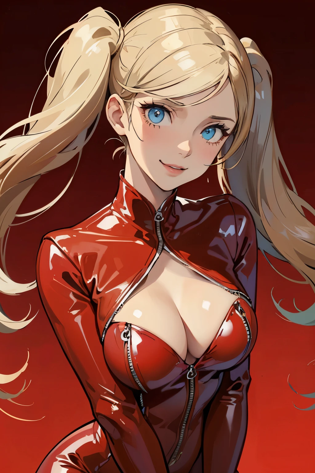 (masterpiece), best quality, expressive eyes, perfect face, busty, cleavage, large breasts, smile, simple red background, dspanther, red latex bodysuit, boob window, blond hair, twin pigtails