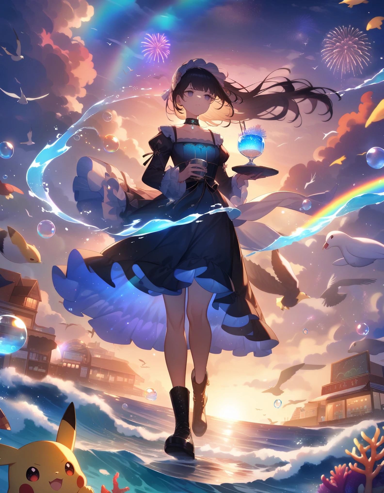 POV, monster, sun wukong, empty eyes, serious, Mohawk, choker, lolita fashion, leather boots, pikachu tail, looking to the side, holding cup, pharmacy, metallic luster, walking, waves, wind,(((glistening light of waves))),(detailed sunset glow),(floating flow),((coral)),(Luminous),coast,(floating colorful bubbles),beautiful detailed sky,(fluorescence),detailed shadow,(conch),beautiful detailed water, starfish, meteor, rainbow,(seabirds),(glinting stars), (glowworm),(splash),detailed cloud, shell,(fireworks)