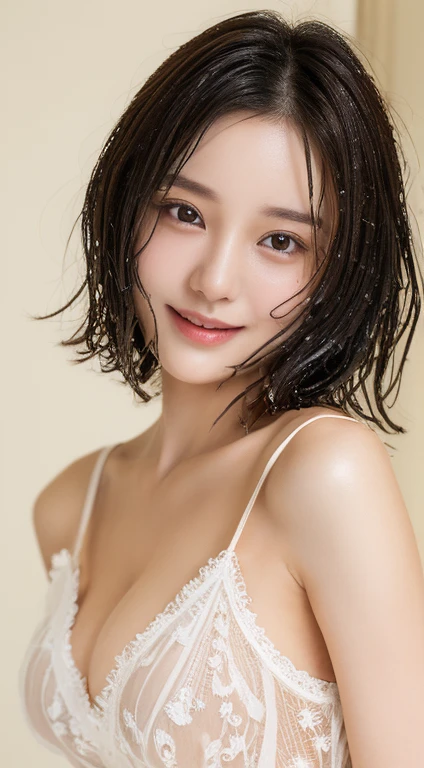 (Top Quality, Masterpiece: 1.3), Girls: 1, Sexy: 1.5, Bob Hair, Brown Hair: 1.3, (Wet Body: 1.2), Nightgown, Beautiful, Cleavage, Ultra Detailed Face, Detailed Lips, Detailed Eyes, Double Eyelids, Sexy, Smile, Beautiful Legs
