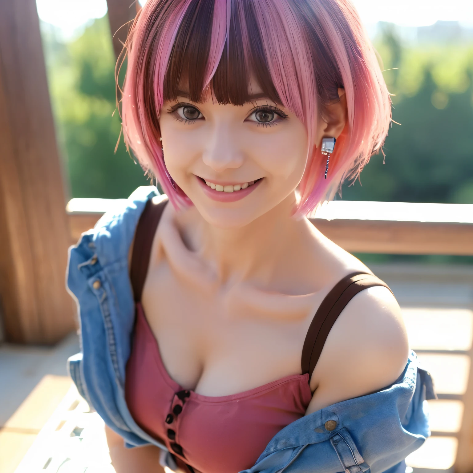 Default configuration: [(nsfw: 0.4), (masterpiece, best quality:1.4)], Character settings: | female 1: (ichika nakano, short hair, bangs, blue eyes, hair between eyes, pink hair, earrings,, (big chest: 0.8)), Facial expression settings: [((smug smile: 1.2)], clothing settings: [(naked: 1.0)], Pose setting: [(Chocolate splashes on some parts of the body: 1.2), standing, throw out one's chest])|, place:(), Viewpoint setting: [solo focus, (looking at viewer,1.5), (front: 2.4)], lighting settings: [(natural light: 2), (front lighting: 1.4)