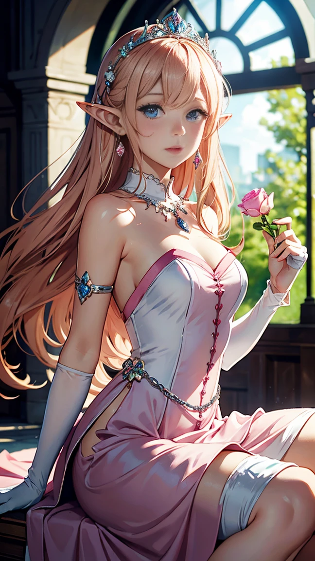 (quality, 4k, 8k, high resolution, masterpiece: 1.2), ultra-detailed, blurry, depth of field, blurred foreground, blurred background, pink, pink rose, dress, jewelry, earrings, elf ears, elf blonde hair, stained glass, princess dress, blue eyes, elbow gloves, pink dress, breasts, looking at viewer, hair over one eye, long hair, pink flower, elf ears, throne room, gloves, motion blur, solo focus , peach princess, crown, strapless, blush, white dress, photo \(medium\), 1 elf girl, gem