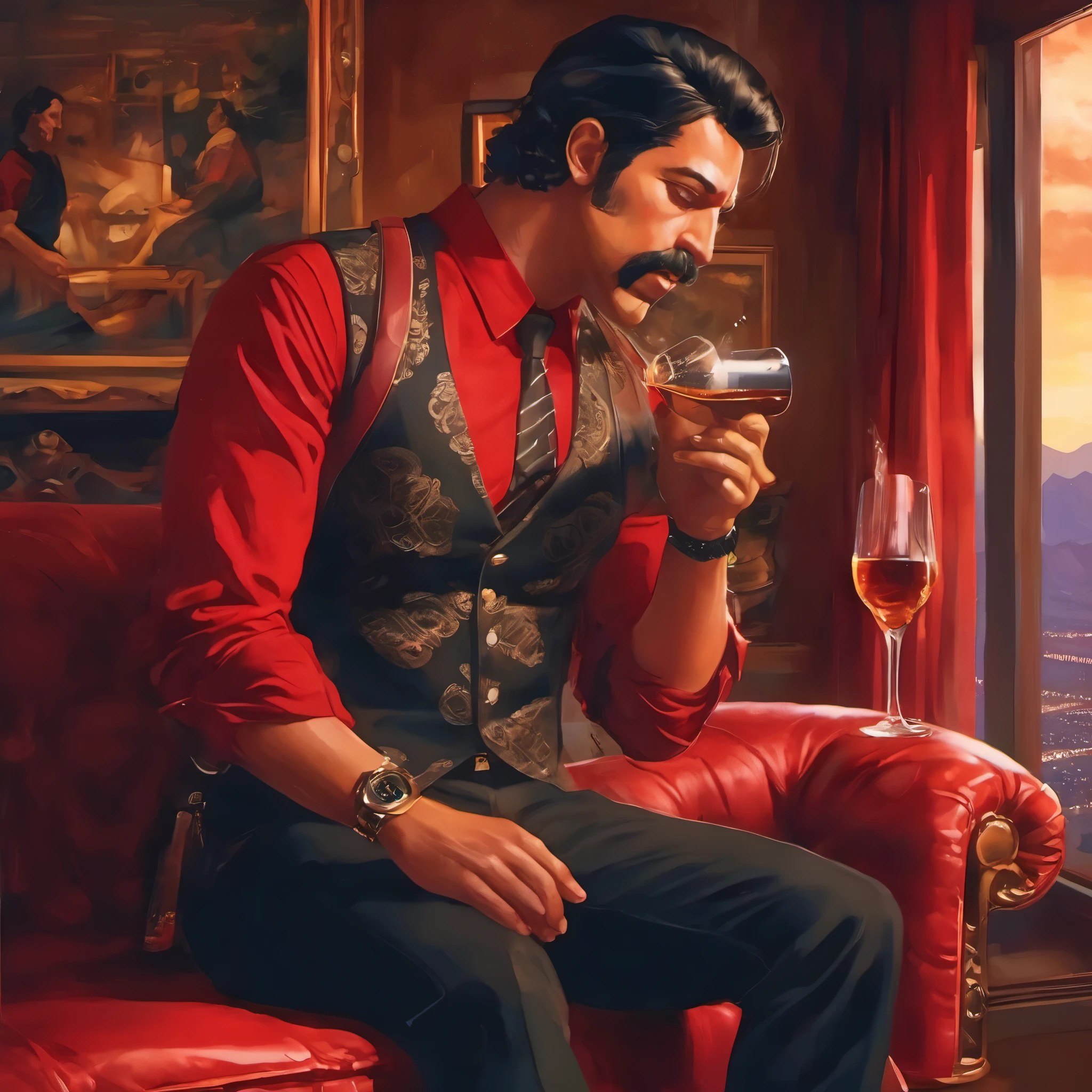 (obra maestra, Mejor calidad:1.2), 1 chico, solo, thenahualli, serious, dangerous man, elegant, black vest, red shirt, sit, sit on sofa, drinking whiskey, in a luxury penthouse in Las Vegas, Las Vegas