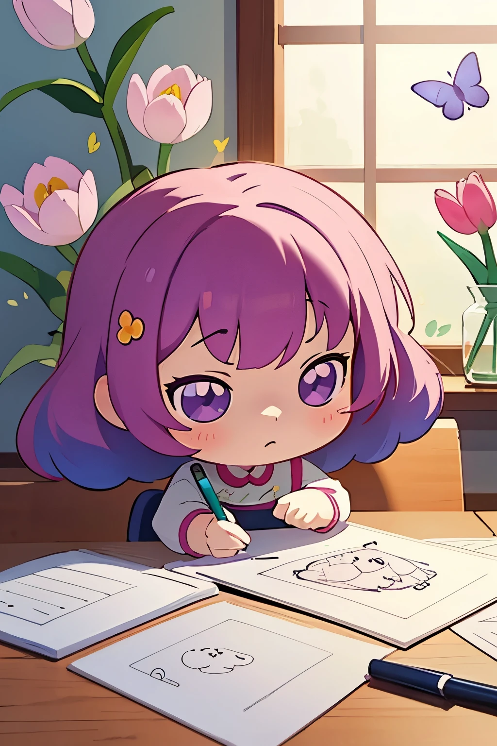 The following scenes will be expressed using chibi girl dolls.(Photoreal、A girl is drawing pictures of tulip flowers and butterflies on the wall with crayons.、The picture is a child's doodle, but it's very colorful.)