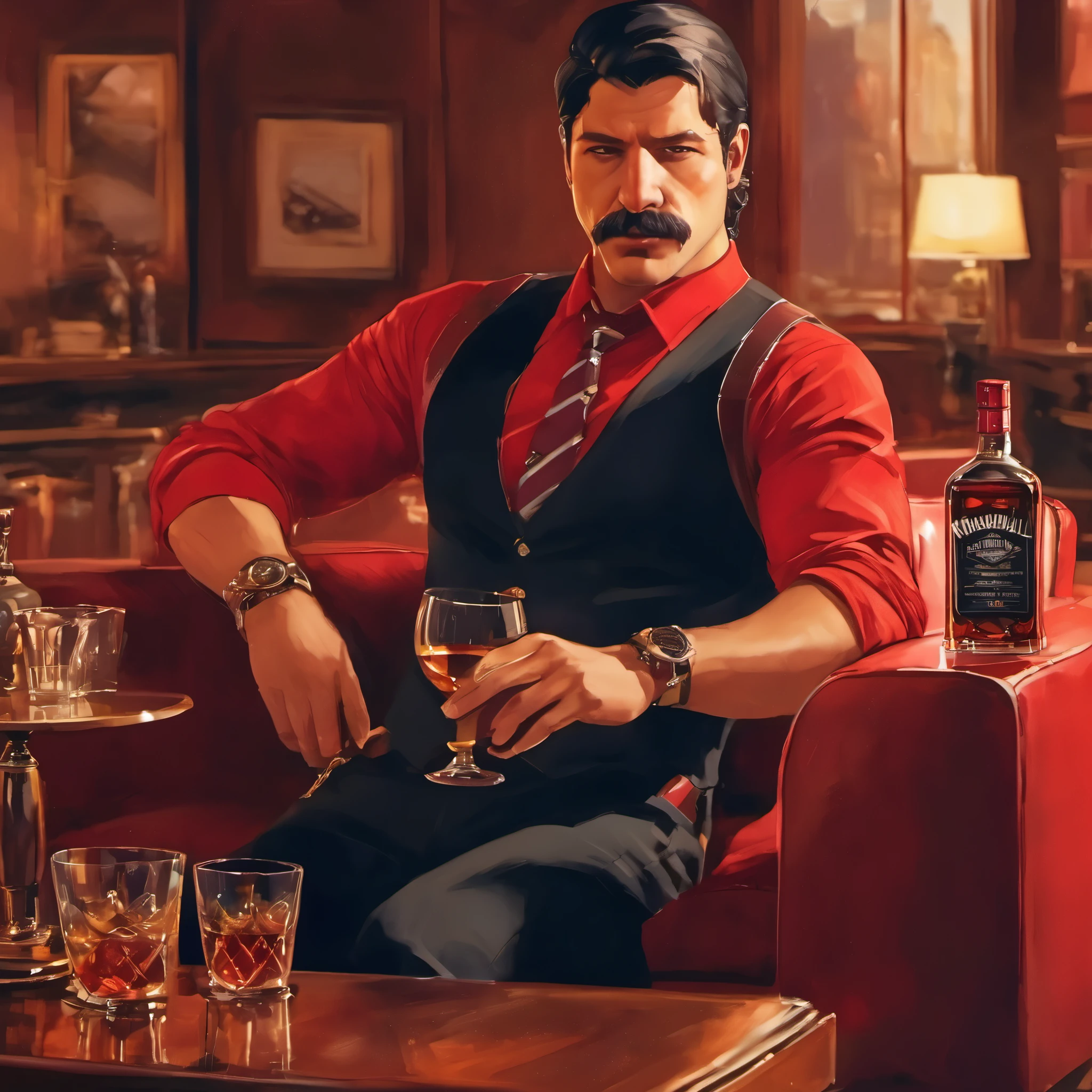 (obra maestra, Mejor calidad:1.2), 1 chico, solo, thenahualli, serious, dangerous man, elegant, black vest, red shirt, sit, sit on sofa, drinking whiskey, in a luxury penthouse in Las Vegas, Las Vegas