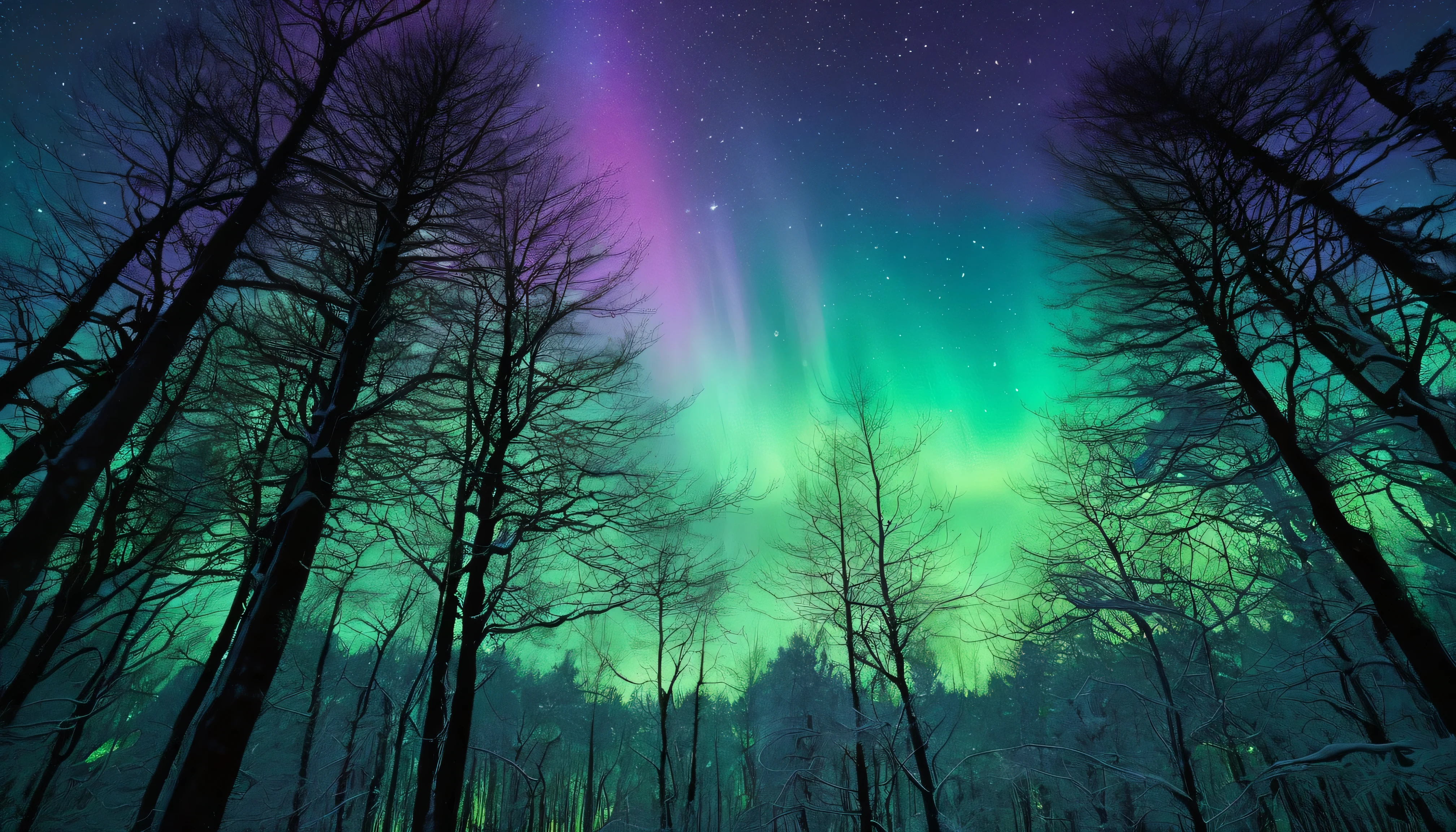 Illustrate a peaceful forest clearing, bathed in the silver light of a full moon and adorned with the twinkling of stars. The trees around the clearing stand tall and still, their leaves whispering in the night breeze. Above, the sky is a velvety canvas painted with the soft glow of the aurora borealis, its greens and blues intermingling with the golden shimmer of distant galaxies. The starlight filters through the branches, creating patterns of light and shadow on the forest floor. This scene should be a tranquil and mystical representation of nature's night-time beauty, inviting the viewer to imagine the sounds and scents of the forest at night.
