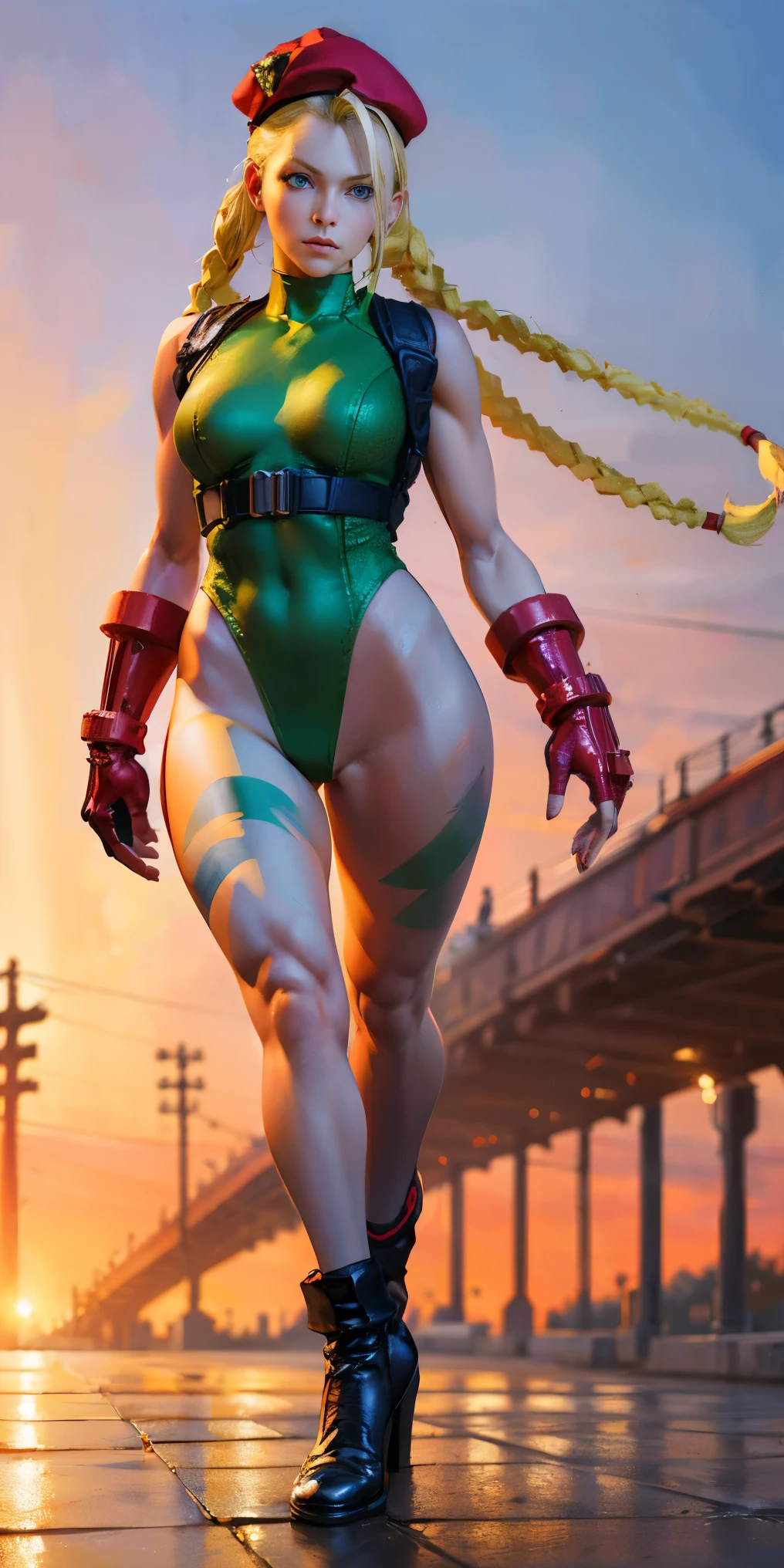 Cammy, blue eyes, blonde hair, very long hair, (twin braids), red hat, (green leotard:1.2), fingerless gloves, Harness, thighs, red socks, black footwear, Medium chest, (whole body:1.2), (realistic:1.2), (realism:1.2), (masterpiece:1.2), (highest quality), (super detailed), (Complex), (85mm), particles of light, lit, (very detailed:1.2), (detailed face:1.5), (Gradation), software, colorful, (fine eyes:1.5), (detailed background), (third law_composition:1.3), wide shot, dawn, alone.