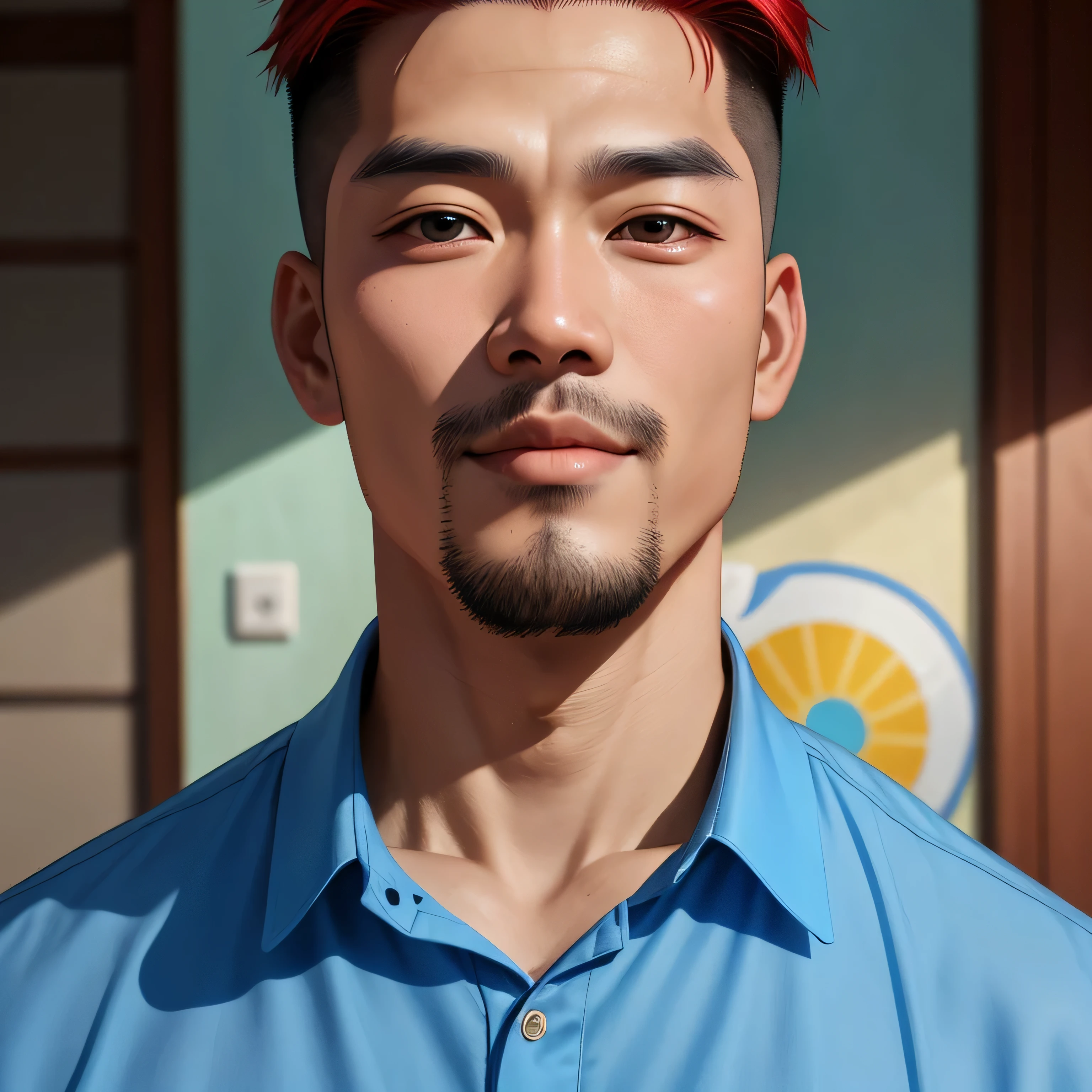 a close up of a man in a blue shirt posing for a picture, phong yintion j - jiang geping, bao pham, ren heng, nivanh chanthara, zeng fanzh, liang xing, dzung phung dinh, hoang long ly, huifeng huang, xiang duan, yanjun chengt, full face, hair red