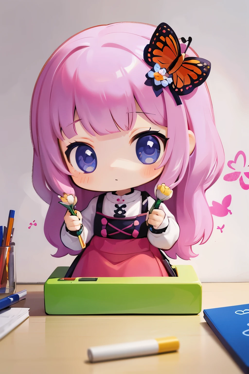 The following scenes will be expressed using chibi girl dolls.(Photoreal、A girl is drawing pictures of tulip flowers and butterflies on the wall with crayons.、The picture is a child's doodle, but it's very colorful.)
