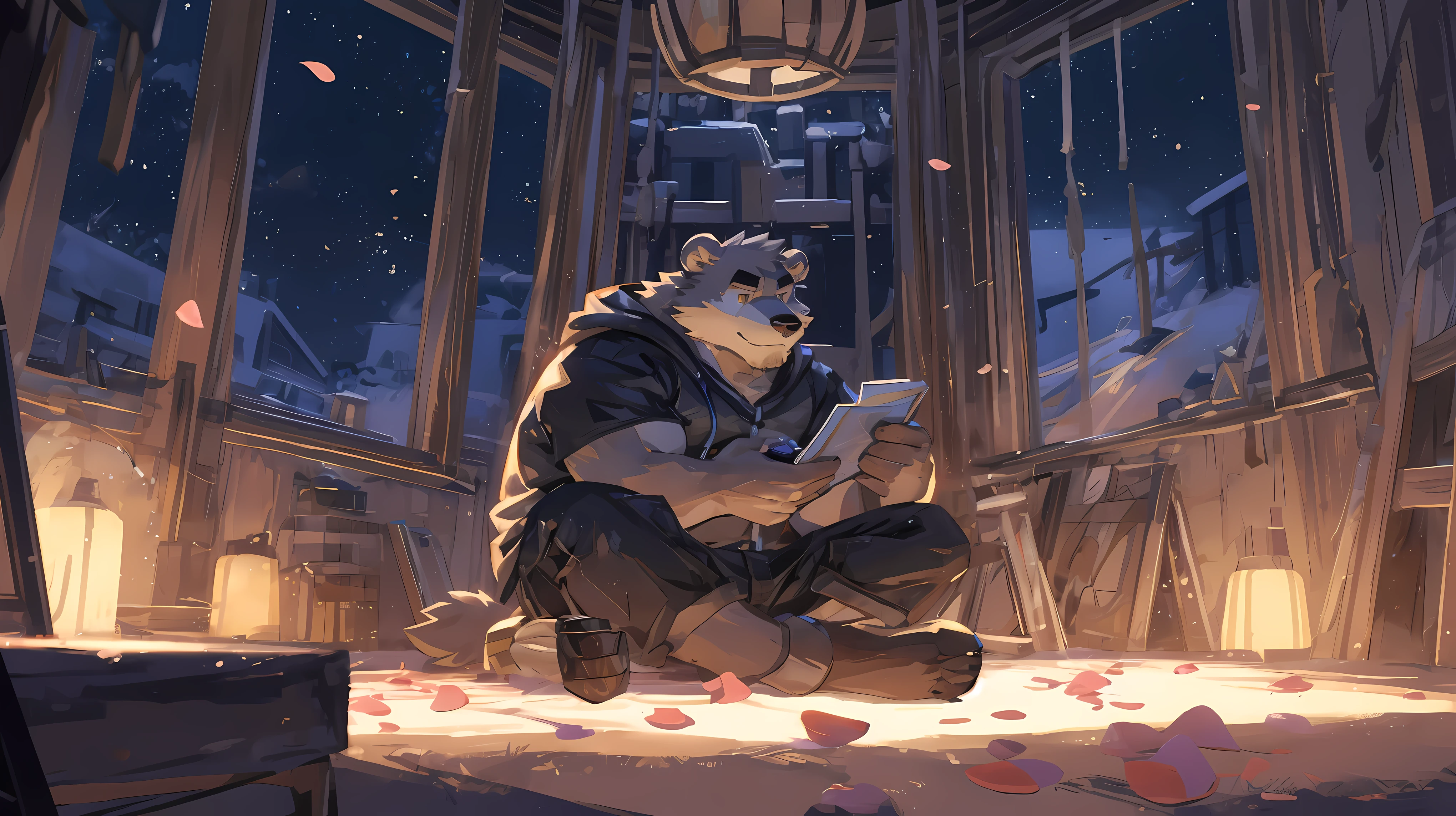 (masterpiece:1.2), best quality,pixiv,official art,(Ray tracing, light), (flower petal in the sky :1.3), (1_male:1.3), (solo:1.3) , portrait , (muscle), (gray fur:1.4), (muscle bear), (bear tail), (beard:1.2), (gleaming golden eyes), Thick eyebrows, open hoodie, naked inside, cargo shorts, indoor, bedroom, french window, sitting down