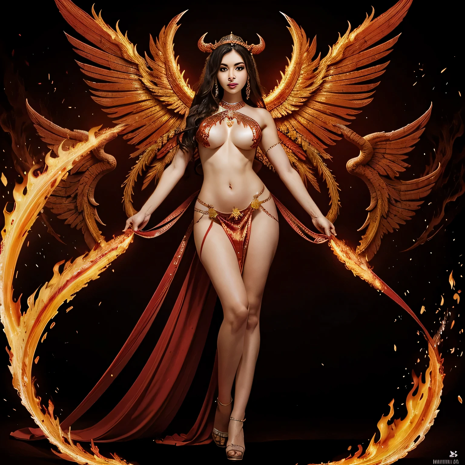 mulher arafada em um vestido vermelho com asas e um vestido vermelho, xianxia de corpo inteiro, hot Deusa do fogo, appears as the Deusa do fogo, deusa da raiva, linda e elegante rainha demon, beautiful succubus, demon, Deusa do fogo, por Yang J, com ardentes asas douradas de chama, Deusa do fogo, phoenix warrior, roupa de diabo muito sexy