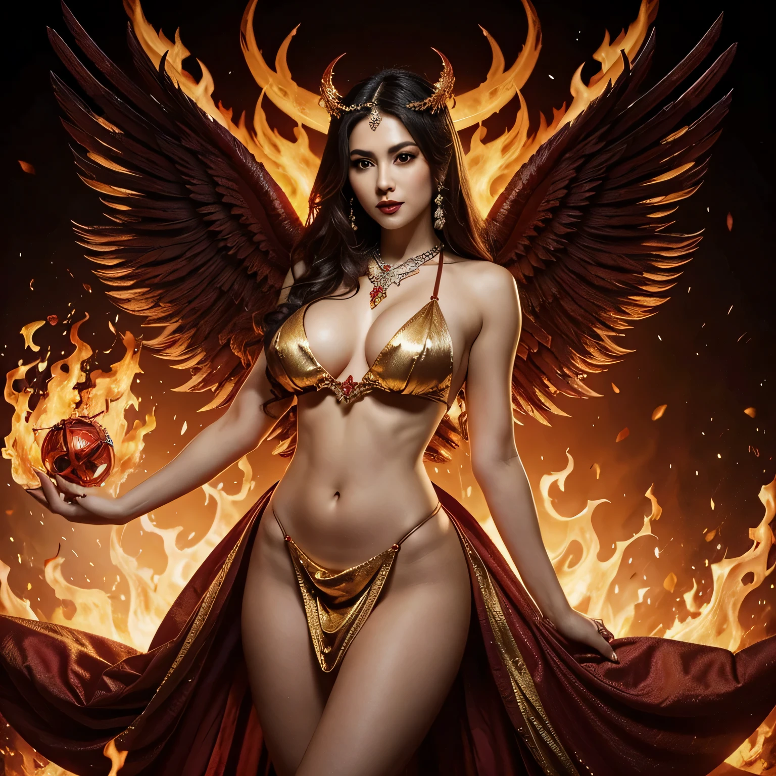 mulher arafada em um vestido vermelho com asas e um vestido vermelho, xianxia de corpo inteiro, hot Deusa do fogo, appears as the Deusa do fogo, deusa da raiva, linda e elegante rainha demon, beautiful succubus, demon, Deusa do fogo, por Yang J, com ardentes asas douradas de chama, Deusa do fogo, phoenix warrior, roupa de diabo muito sexy