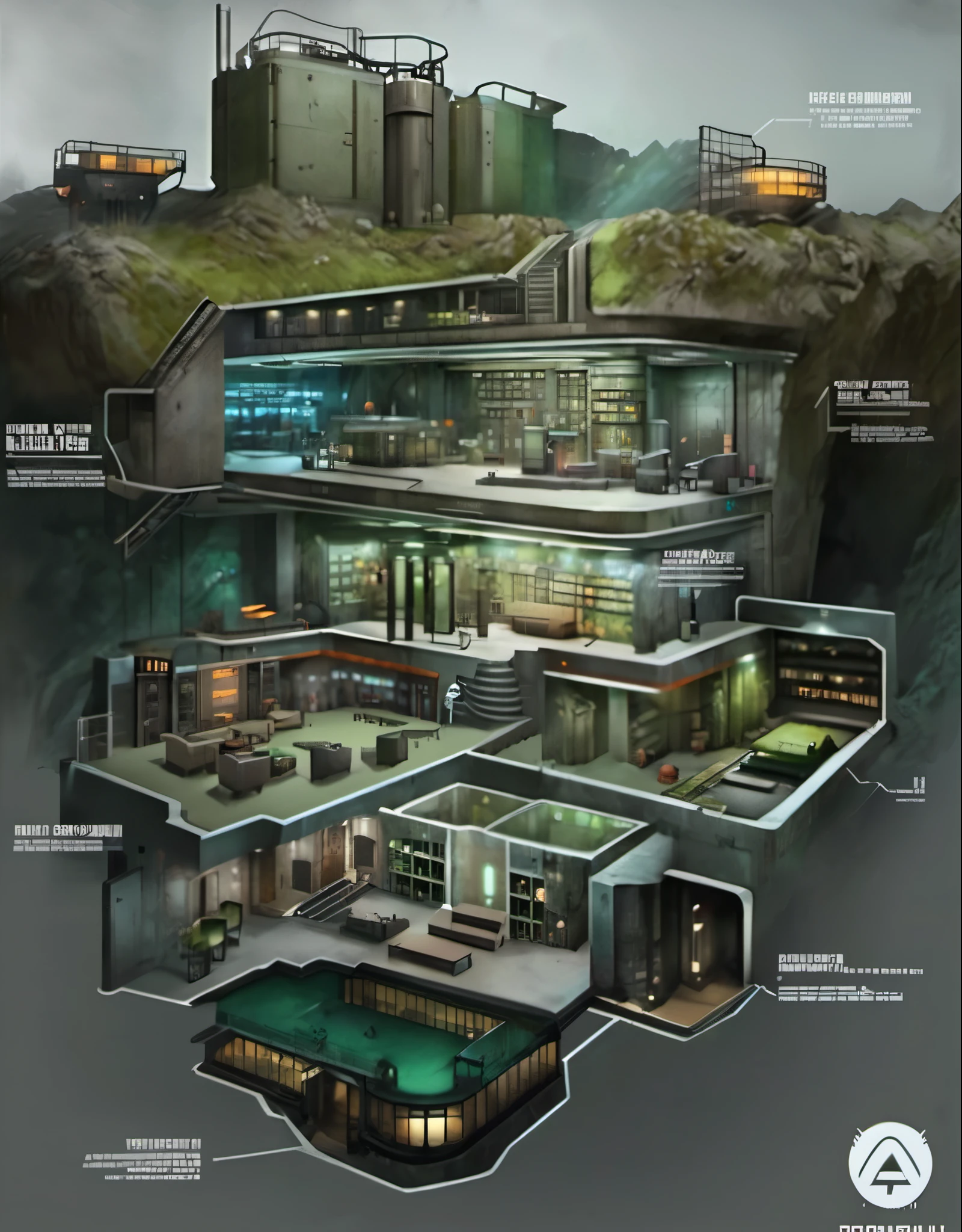 Schematic diagram with many rooms and many buildings of different colors, 地下bunker, underground laboratory, secret underground laboratory, Various lounges,huge hierarchy, bunker, Resident Evil Virus Concept Art, underground room, dungeon, Inspired by Dennis Miller Bunker, alien habitat, Concept art is very detailed, Underground facilities, cave system, segmented, villain's lair,Multifunctional area,