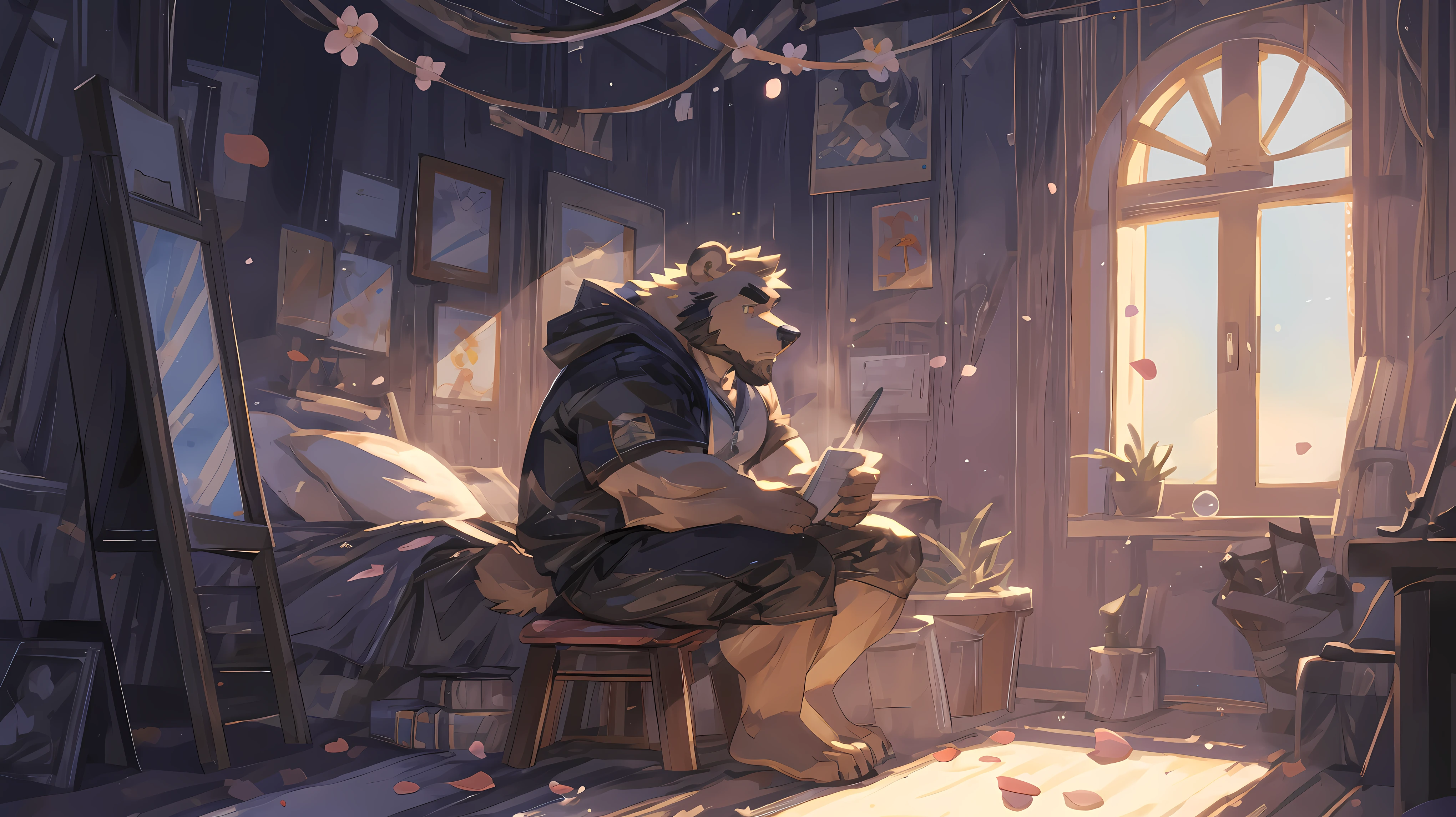 (masterpiece:1.2), best quality,pixiv,official art,(Ray tracing, light), (flower petal in the sky :1.3), (1_male:1.3), (solo:1.3) , portrait , (muscle), (gray fur:1.4), (muscle bear), (bear tail), (beard:1.2), (gleaming golden eyes), Thick eyebrows, open hoodie, naked inside, cargo shorts, indoor, bedroom, french window, sitting down