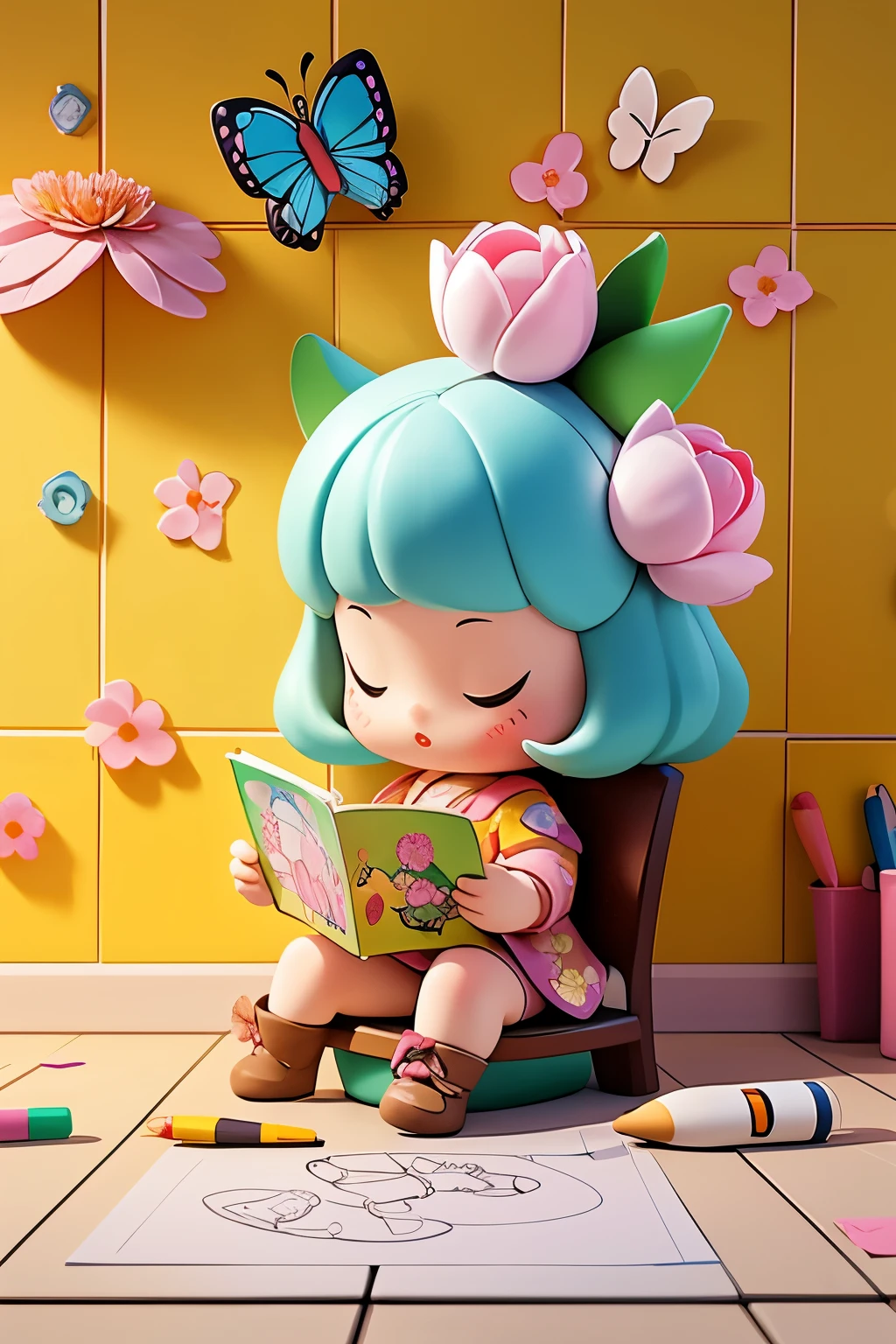 The following scenes will be expressed using chibi girl dolls.（Photoreal、A girl is drawing pictures of tulip flowers and butterflies on the wall with crayons.、The picture is a child&#39;s doodle, but it&#39;s very colorful.）