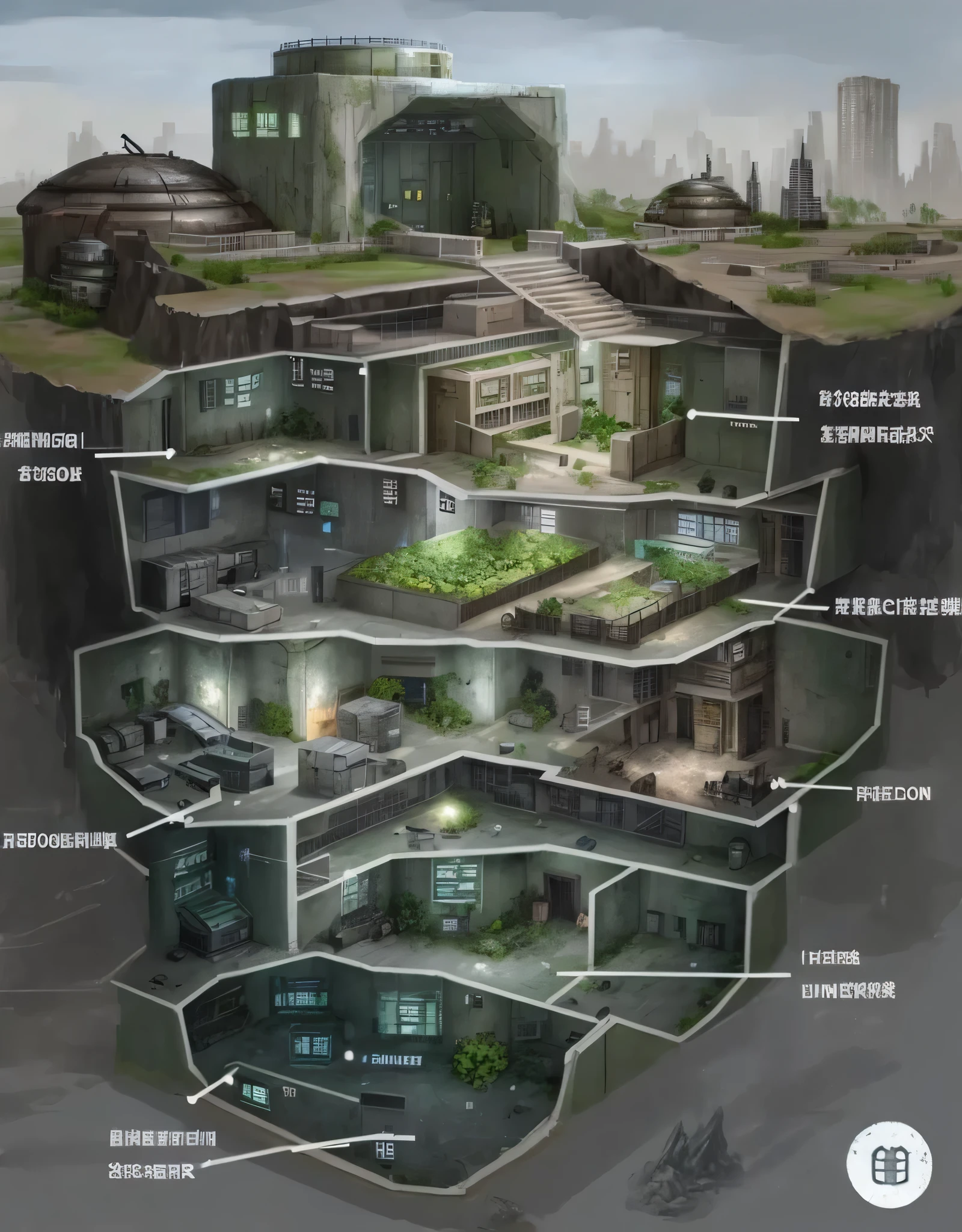 Diagram of a building with many rooms and many plants, 地下bunker, underground laboratory, secret underground laboratory, huge hierarchy, bunker, Resident Evil Virus Concept Art, underground room, dungeon, Inspired by Dennis Miller Bunker, alien habitat, Concept art is very detailed, Underground facilities, cave system, segmented, douchebag&#39;lair