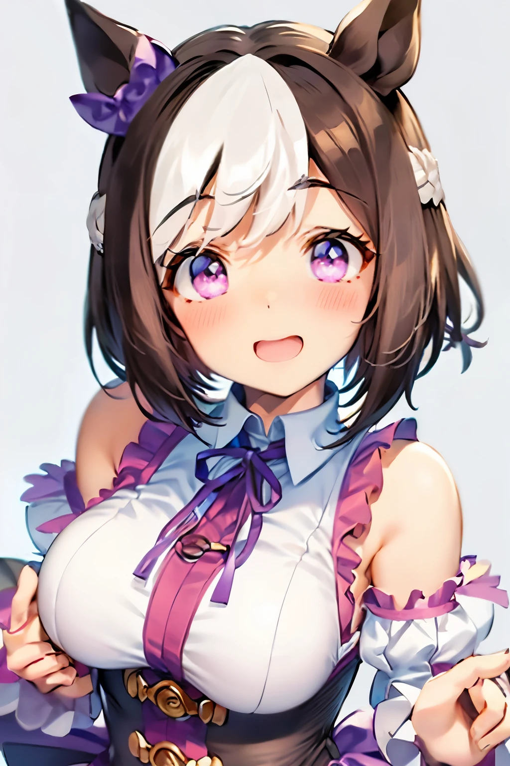 special_week_\(Umamusume)、bow ribbon、bow ribbon、bow ribbon、corsets、Fluffy breasts、nursing、toppless、teats、The upper part of the body、(Refers to the viewer:1.3)、Happiness、(White background:1.5)、(front-facing view:1.3)