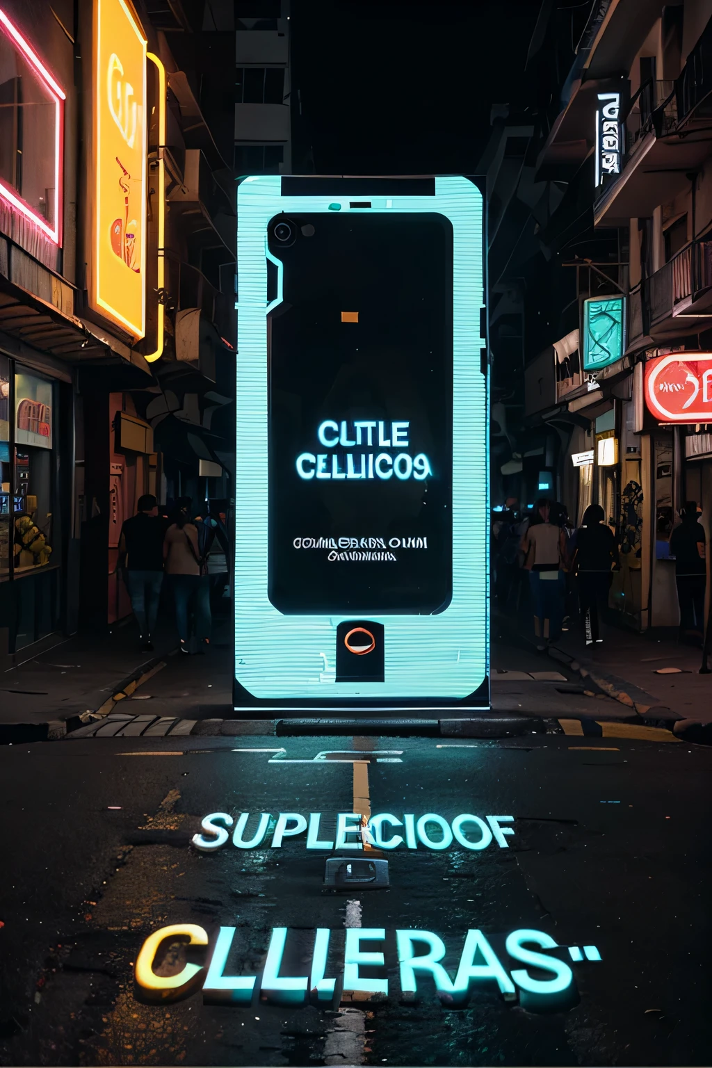 generate an image of a cell phone with superimposed futuristic text that says “Celutecnicos Colombia”, calle, neon, ciberpunk