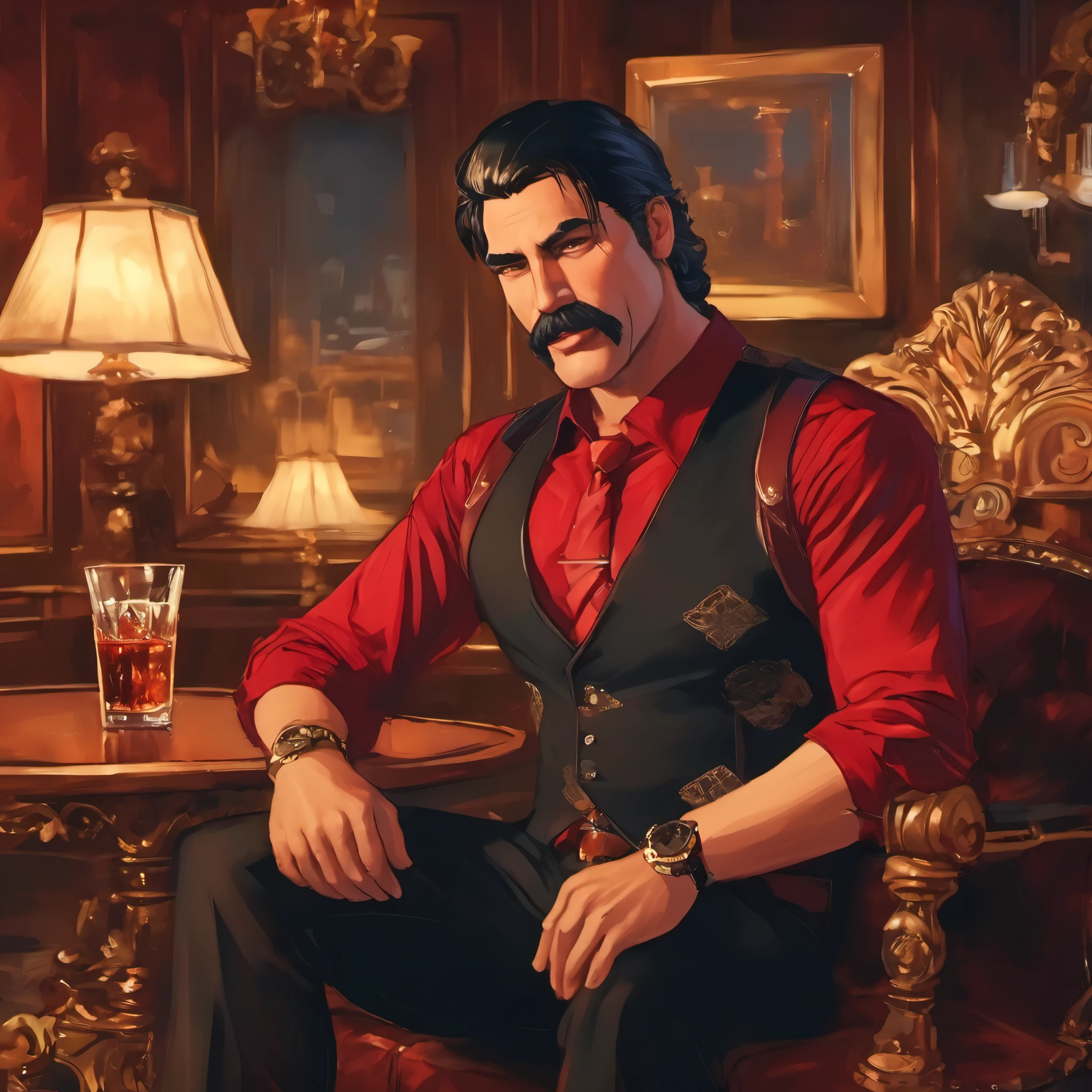 (obra maestra, Mejor calidad:1.2), 1 chico, solo, thenahualli, serious, dangerous man, elegant, black vest, red shirt, sit, sit on sofa, drinking whiskey, in a luxury penthouse in Las Vegas, Las Vegas