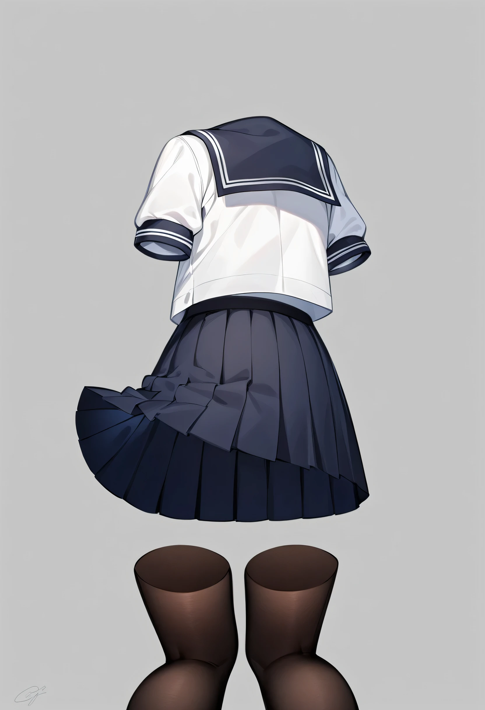 parents,invisible person,nobody,1 girl, skirt, alone, Simple background, Uniforms, sign, gray background, Sefuku, pleated skirt, shirt, white shirt, pantyhose, sole, sailor collar, Black footwear, from behind, short sleeves, black skirt, black pantyhose, blue skirt, masterpiece,best quality,