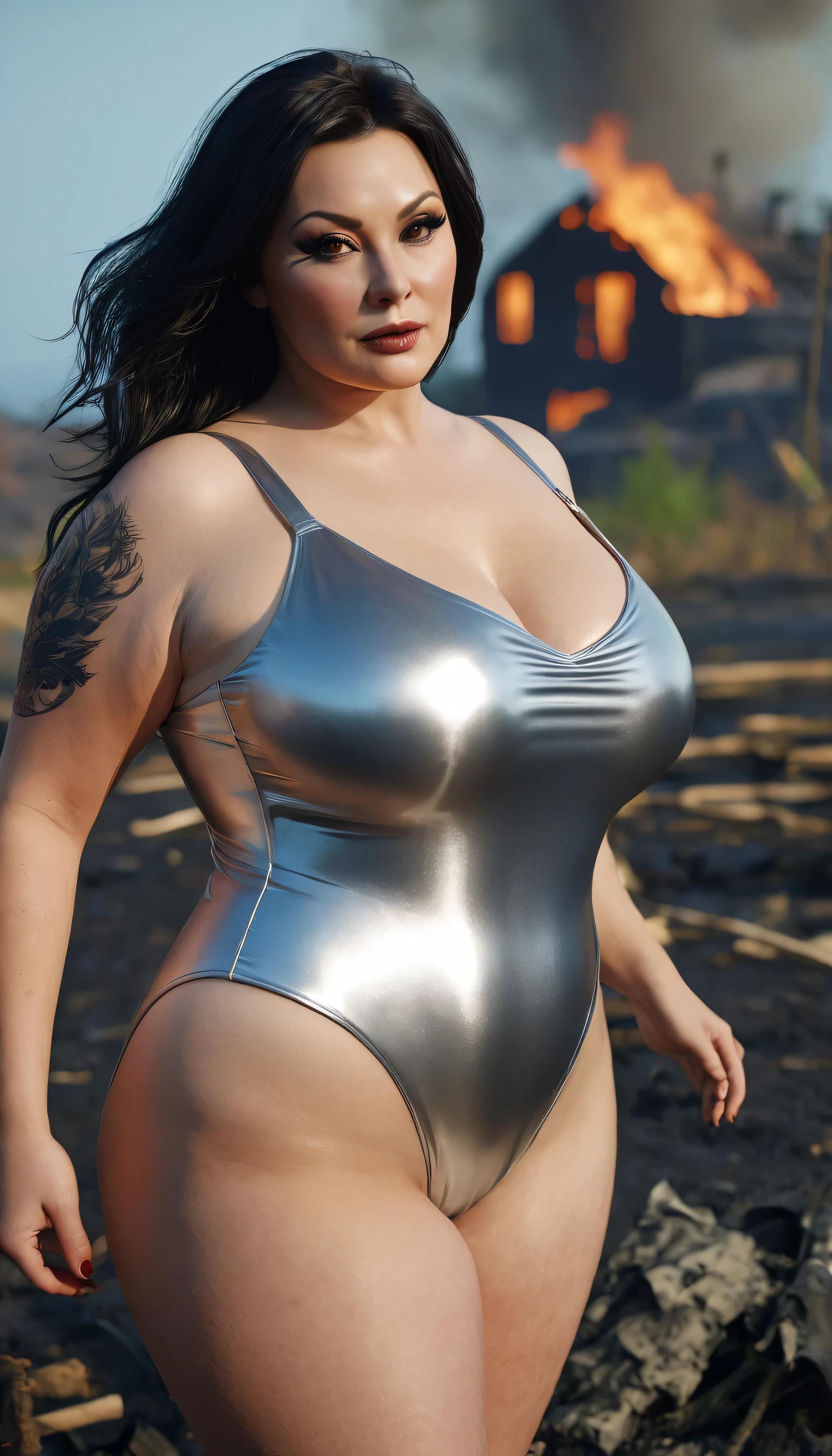 silver open leotard swimsuit, Mistress 40+,40 year old female, bbw, very big breasts, Wrinkle, selfie pose, not instagram, She is looking at the camera with long dark hair and dark black makeup。。。, I have a tattoo。,detailed pictures, realistic lighting, fine real skin: 1.4, Improved cinematic lighting: 0.9,surreal: 1.4, (soft lighting: 1.05) Looks busy, Wrinkle, bully women, セクシーなControl的なポーズ, Control, 奴隷を所有するControl者がいる, Spouse, Completely naked, bbw, very big breasts, very big breasts, very big breasts, silver open leotard swimsuit, background((wartime battle scene), (cigarette), (fire), (混沌としたbackground), (explosion), (dynamic pose), (burnt landscape), (battle preparation), (smoldering debris)),