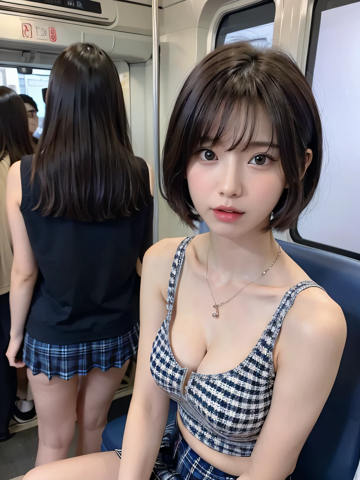 (masterpiece:1.3), (8K, realistic, Raw photo, highest quality: 1.4), (1 girl), beautiful face, (realistic face), (black hair, short hair:1.3,With bangs), beautiful hairstyle, realistic eyes, fine and beautiful eyes, (realistic skin), beautiful skin、((Navy Plaid Mini Skirt、white tank top、I have a black bag、beautiful necklace))、I can see the cleavage、((medium breasts))、in a crowded train、From the side、full body、look away、I can see the whole body、Are standing