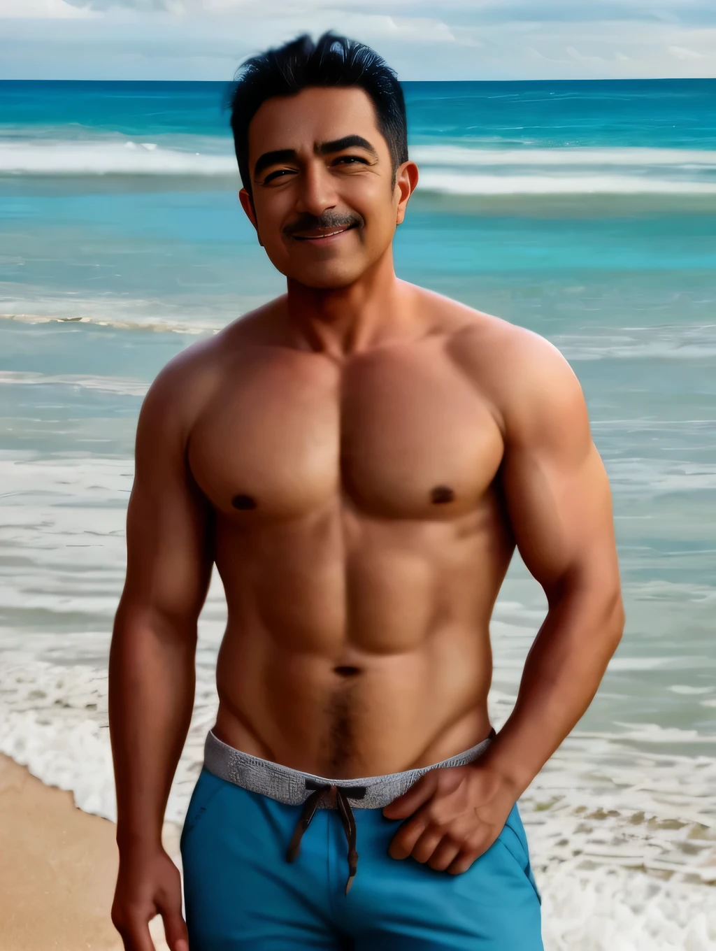 Photo of an impressive and handsome 60 year old Mexican.., Brown eyes, Cabello negro corto desordenado y ventoso, volteando el cabello, primer plano ampliado en retrato de recorte apretado, caminando por un (escena de playa paradisiaca:1.2) Vistiendo un (pantalones de lino sin camisa:1.3) (Zapatillas de playa en su mano:1.3) (Lighting-gold:1.2) detalles de fondo de objetos de primer plano (obra maestra:1.2) (fotorrealista:1.2) (bokeh:1.2) (Mejor calidad) (Escala de colores) (piel detallada:1.3) (intrincado) (8K) (HDR) (cinematic lighting:1.3) (sharp focus), cabello desordenado y ventoso
