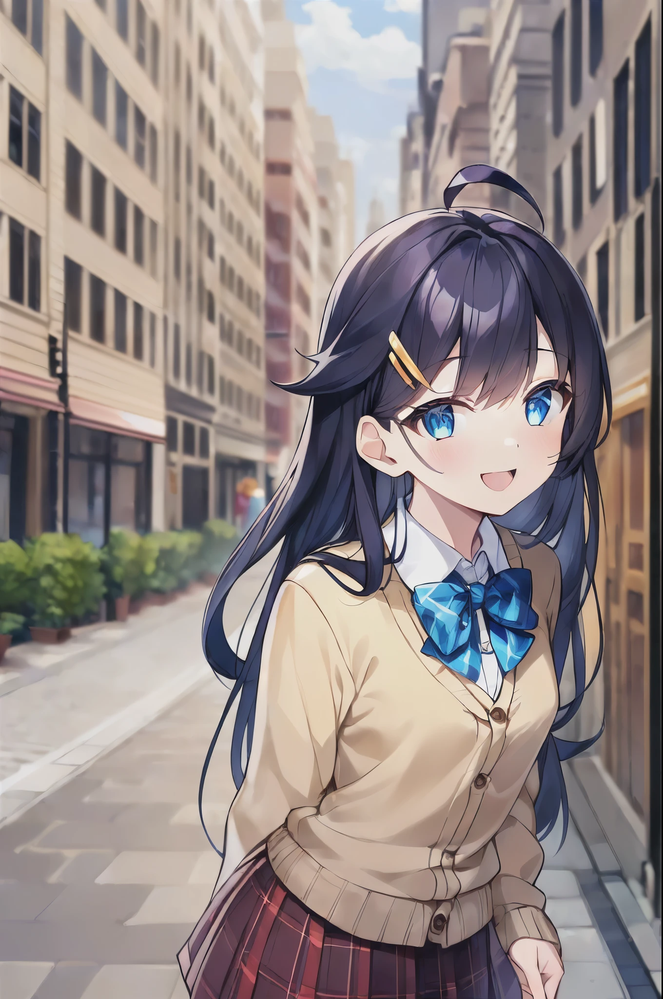 (((masterpiece))), (high quality:1.5), (beautiful:1.5), (((8K))), (High resolution:1.5), (High resolution:1.5), (1 girl:1.3), (infant:1.5), (5 years old:1.5), (primary school student:1.4), (dark blue straight long hair:1.3), (very long dark blue sideburns), (very long and thick sideburns, of dark blue color:1.4), (dark blue bangs with very large parting:1.3), (simple hair clip:1.4), (Ahoge:1.4), (small blue eyes:1.2), (slightly droopy eyes:1.3), (Super thick sideburns and super long sideburns:1.1), (very long and thick sideburns,:1.1), (extra extremely small breasts:1.4), (extremely small breasts:1.4), (laughter:1.5), (beige cardigan:1.4), (checkered red pleated skirt:1.3), (Sidewalks in the city:1.3), 