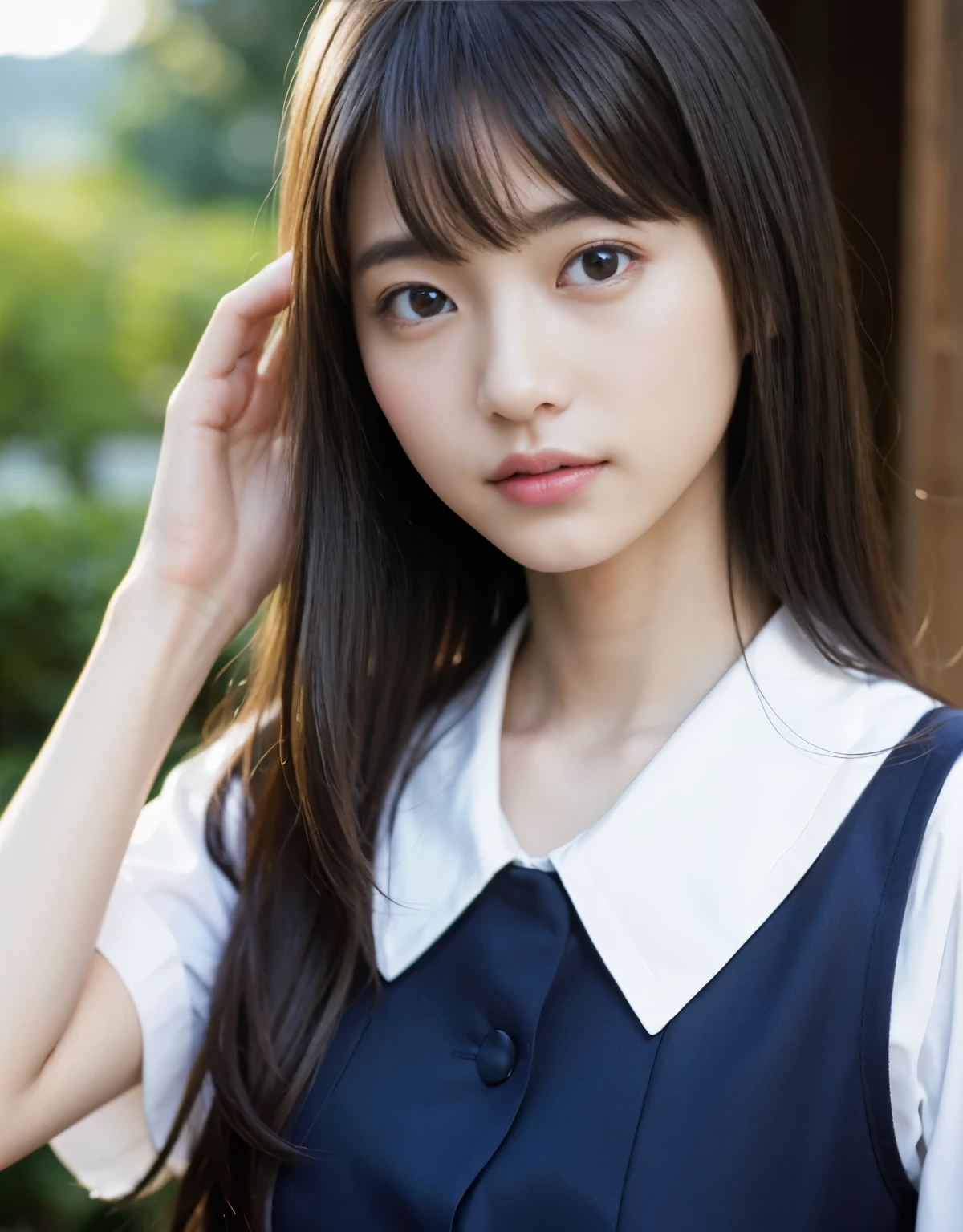 (1 girl)、highest quality、masterpiece、超A high resolution、(Photoreal:1.4)、Raw photo、1 girl、(girls school uniform)、Portrait、global illumination、Shadow、octane rendering、8K、super sharp、Metal、intricate decorative details、Japan details、very intricate details、Close-up、realistic light、(mysterious look)、CG Society Trends、shining eyes、towards the camera、Small LED、two stock