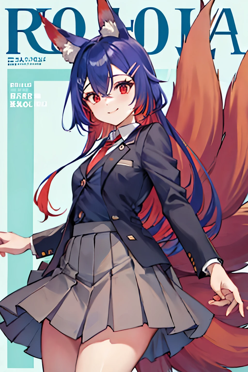 Firefox-Skollie, red eyes, fox girl, multiple tails, multicolored hair, 1girl, hairclip, solo, light smile, small breasts, looking at viewer, 
, pleated skirt, necktie, open jacket, magazine cover, simple background, 
(masterpiece:1.1), (best quality:1.1), (ultra-detailed:1.1), (illustration:1.1),