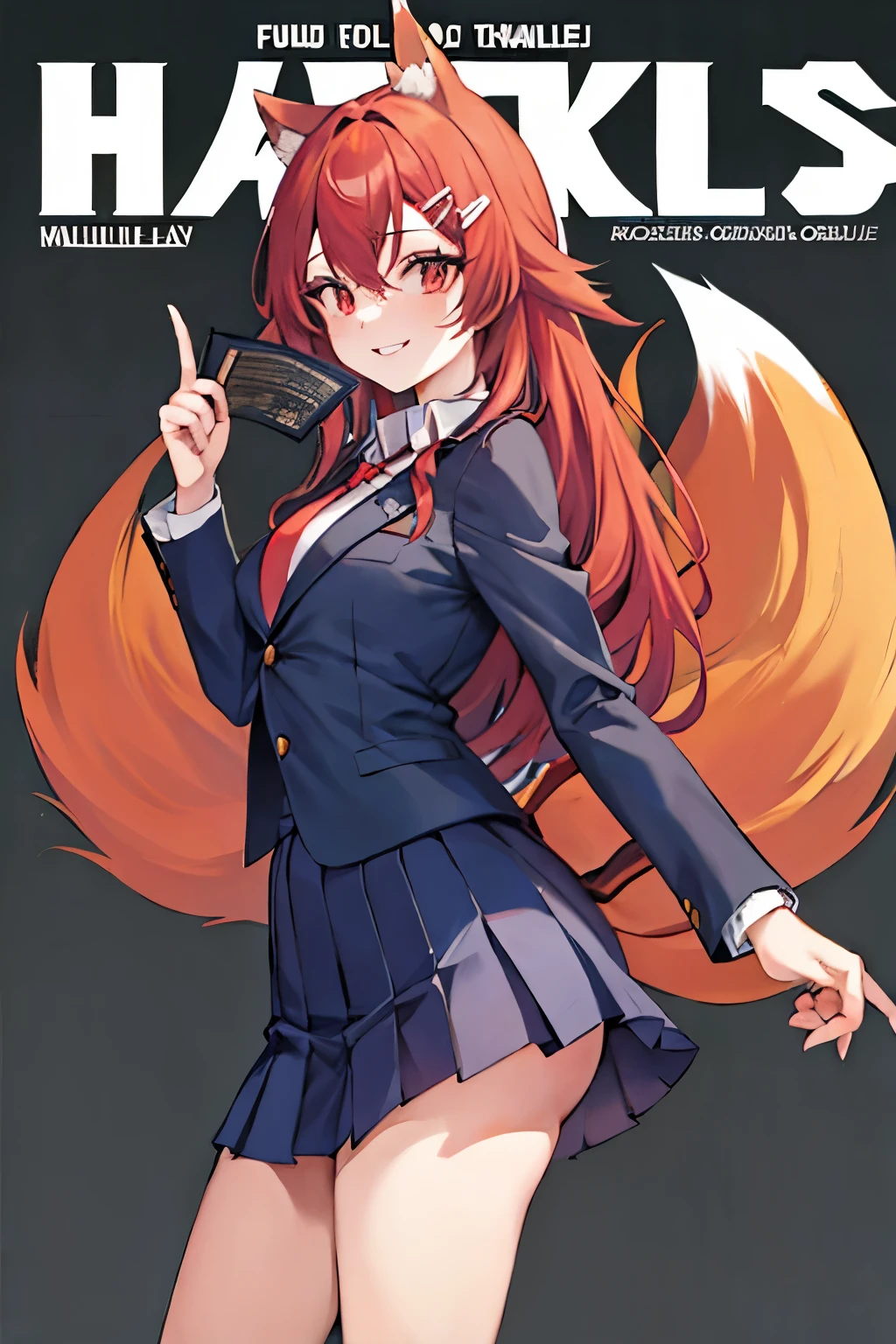 Firefox-Skollie, red eyes, fox girl, multiple tails, multicolored hair, 1girl, hairclip, solo, light smile, small breasts, looking at viewer, 
, pleated skirt, necktie, open jacket, magazine cover, simple background, 
(masterpiece:1.1), (best quality:1.1), (ultra-detailed:1.1), (illustration:1.1),