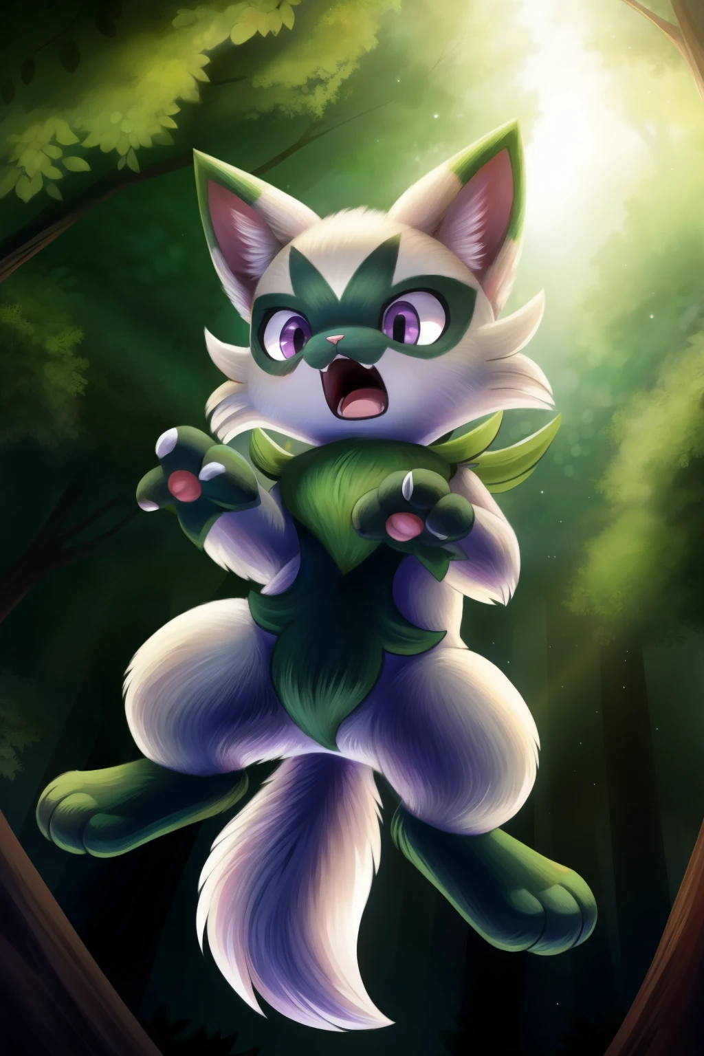 Floragato, furry pokemon, cat, feet, Only, (Body fur:1.2), (Best quality), (Detailed fluffy fur:1.1), Animal hands, tail, purple eyes, shiny, female, solo, forest background, worried expression, open mouth, looking down, scared, sad, elevated in the air, Screaming