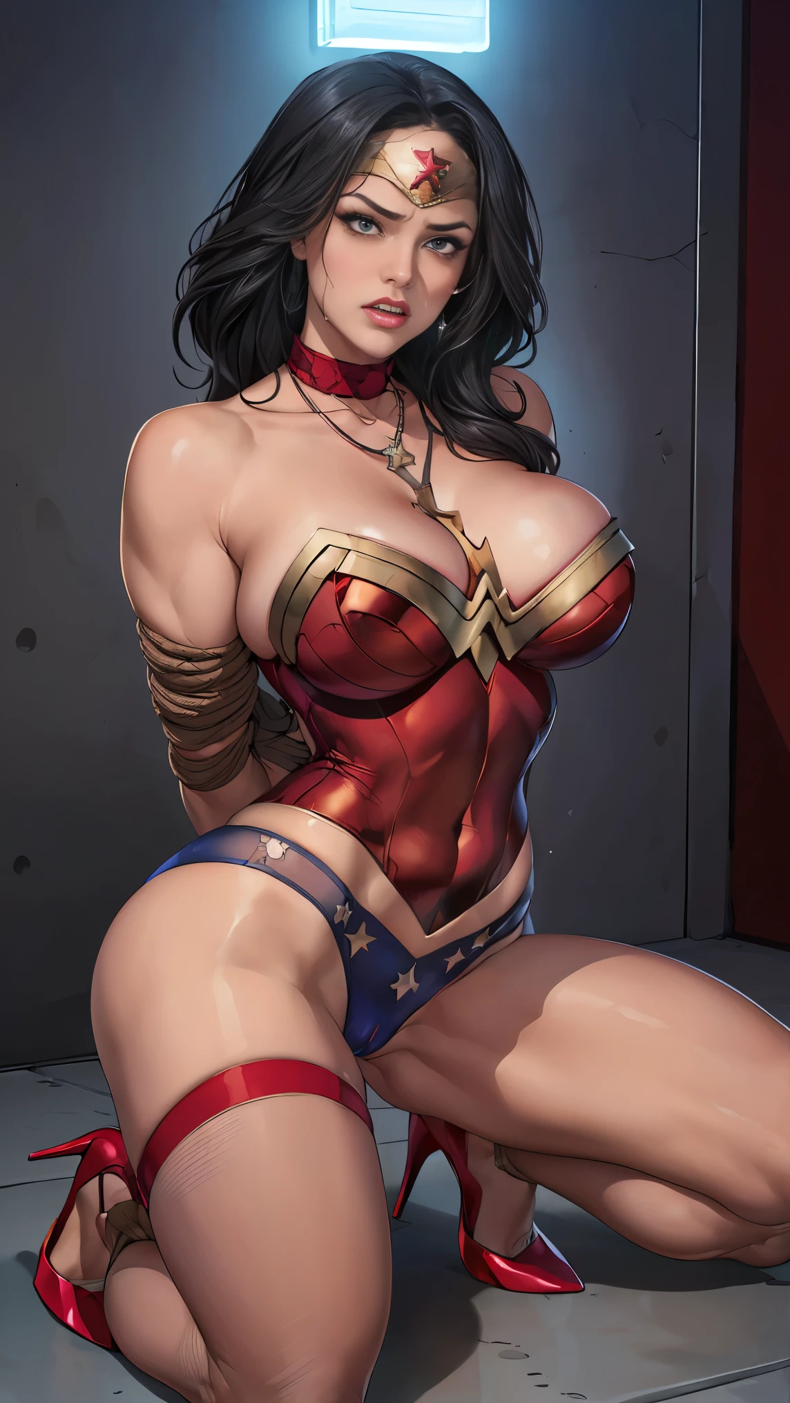 (((SUPERHEROINE WONDER WOMAN esta vestindo lingerie rendada, lacy pantyhose, stilettos high heels))), (((She is a miserable beggar, uma vaca suja,forced into prostitution, 
numa cela de pedras ))), (Wonder Woman is standing, on tiptoe), (She's crying a lot, ela tem cabelo preto, ela tem cabelo longo)), ((She wears a thick metal necklace around her neck..)), (obra-prima, melhor qualidade) 1.5, 1 garota, sozinho, (sexy, mulher bonita, rosto perfeito, olhos perfeitos), corpo inteiro. ((She is wearing white starry lace panties)), tears running down your face)), ((Mulher Maravilha em cativeiro, arms tied behind the back, shibari, hands tied behind the back,painful restraint by ropes)