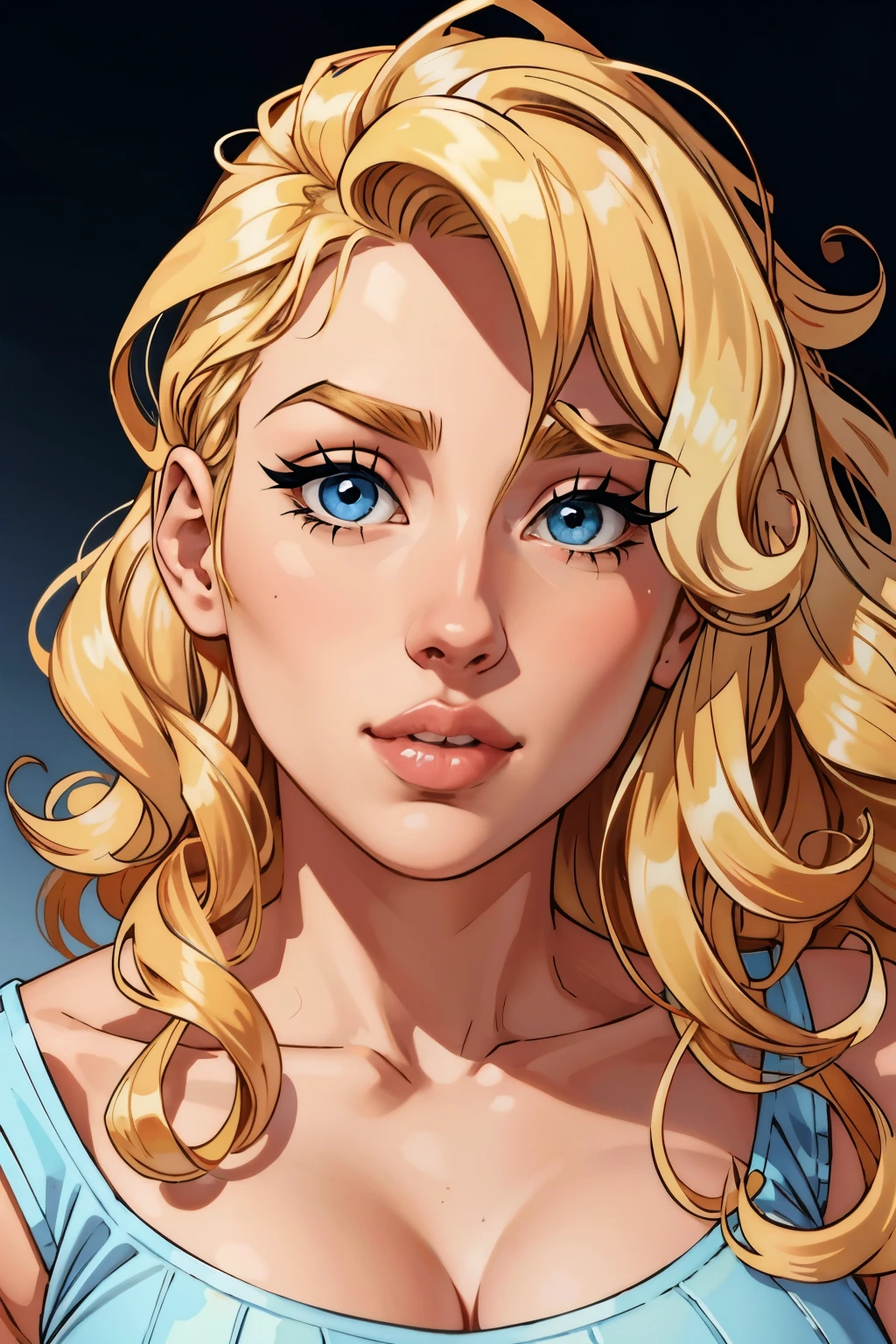 one girl, curly blonde hair, light blue eyes, big nose, thin lips,