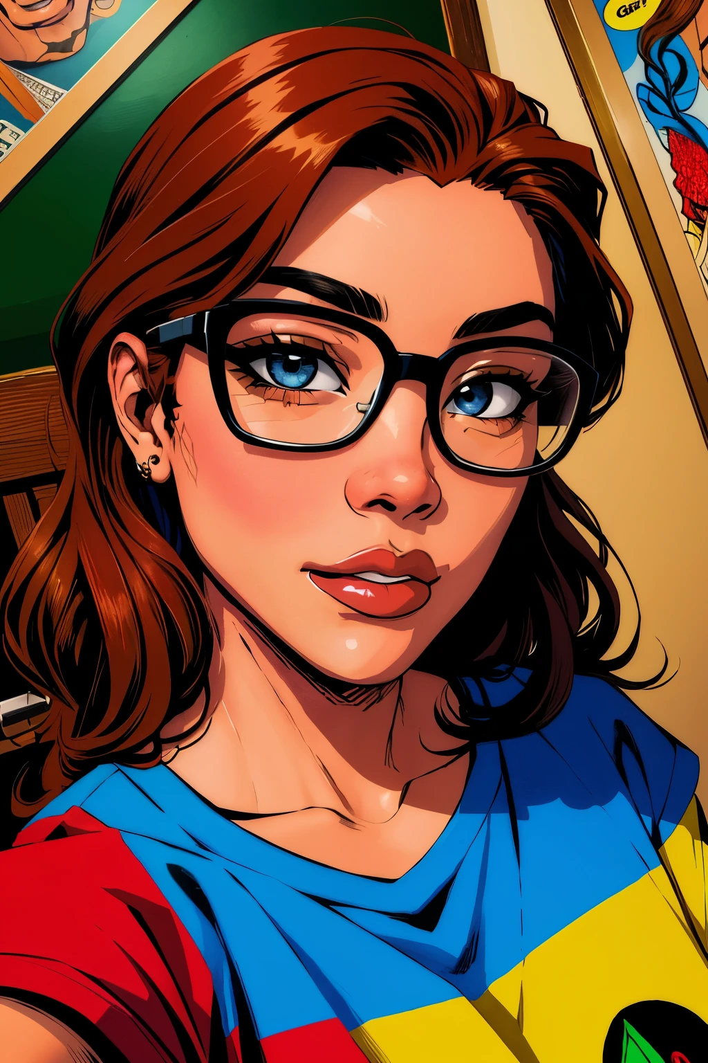 portrait, nerdy, face, bronze skinned, eyes, vibrant hair, masterpiece, best quality, selfie, illustrated, comics