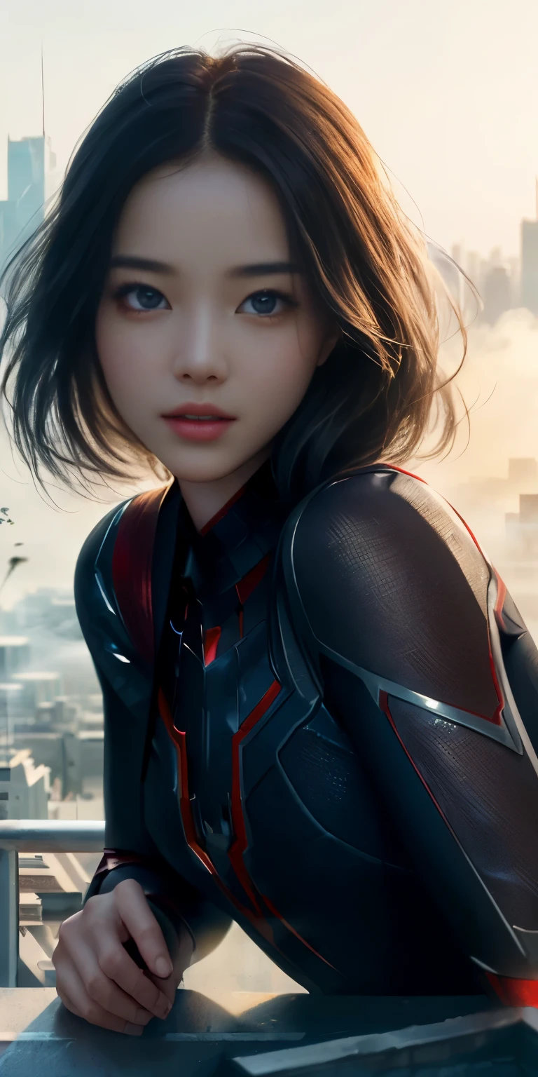 (1 girl:1.3), alone, (((Very Detailed face)))), ((The eyes and face are very detailed)))), beautiful details eyes, body parts__, official art, unified 8k wallpaper, super detailed, fair and fair, fair, masterpiece, best quality, The original, masterpiece, Super detailed photos, best quality, ultra high resolution, realism, Sunlight, full body portrait, amazing beauty, dynamic poses, delicate face, vibrant eyes, (from the front), She is wearing a knight suit, red and black color scheme, , 非常详细的城市roof背景, roof, overlooking the city, Detailed face, Detailed complex busy background, messy, Gorgeous, milky, highly refined skin, Realistic skin details, Visible pores, Clear focus, volumetric fog, 8K Ultra HD, SLR camera, high quality, film grain, White skin, photorealism, Photography, Future dystopian metropolis, translucent