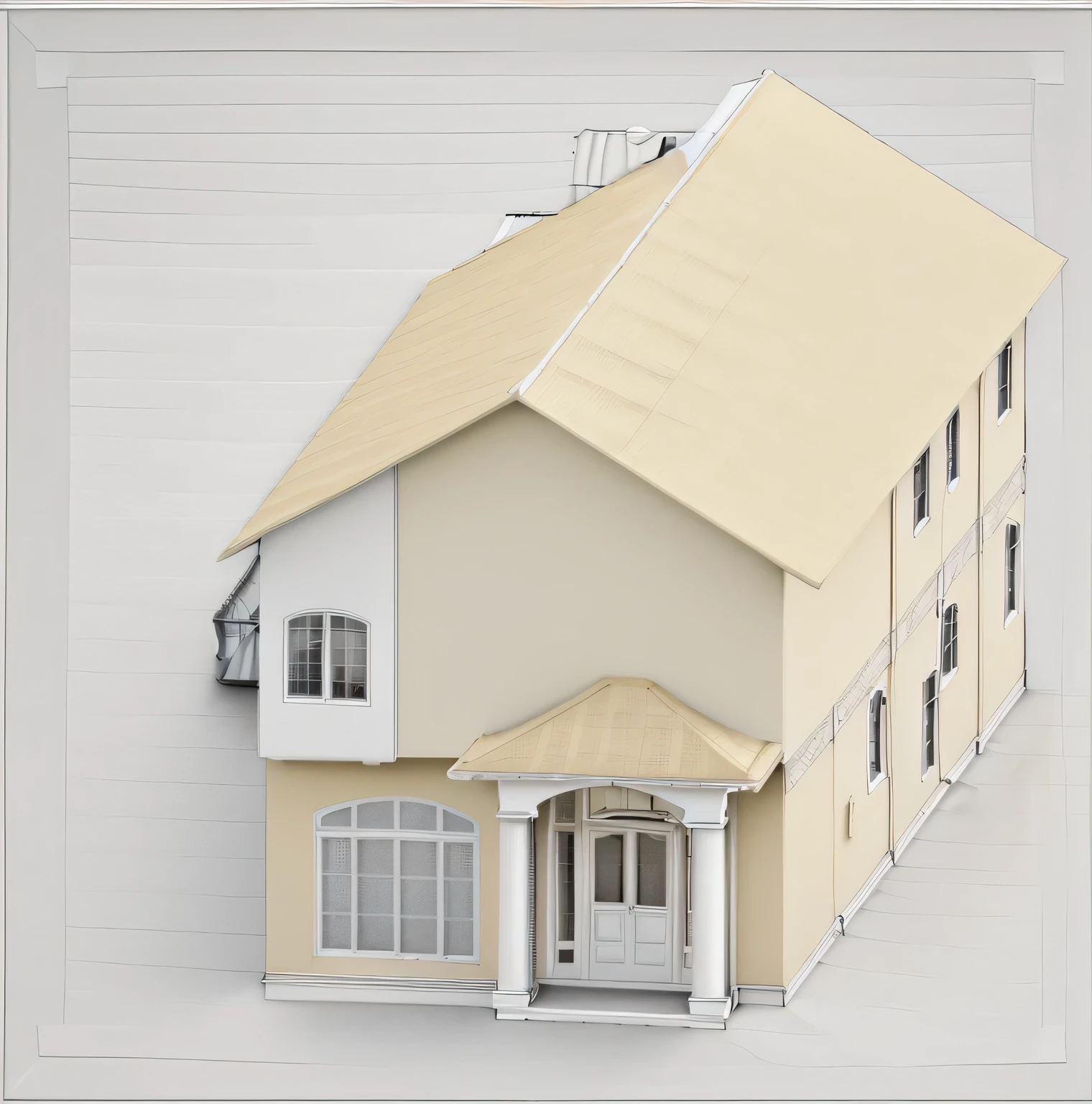 Facade of classic style house, painted pale yellow and white, roof