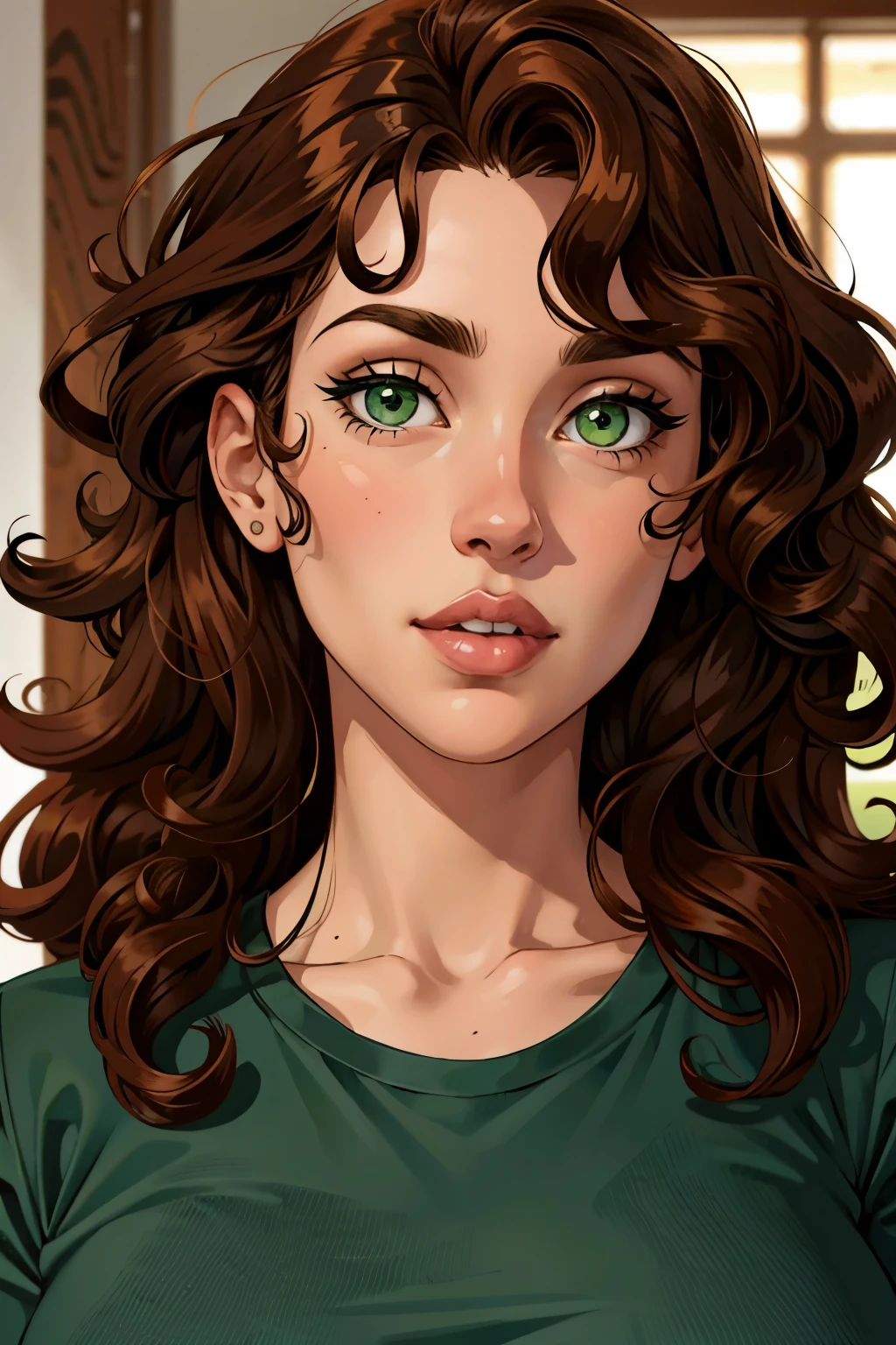 one girl, curly brown hair, green eyes, big nose, thin lips,